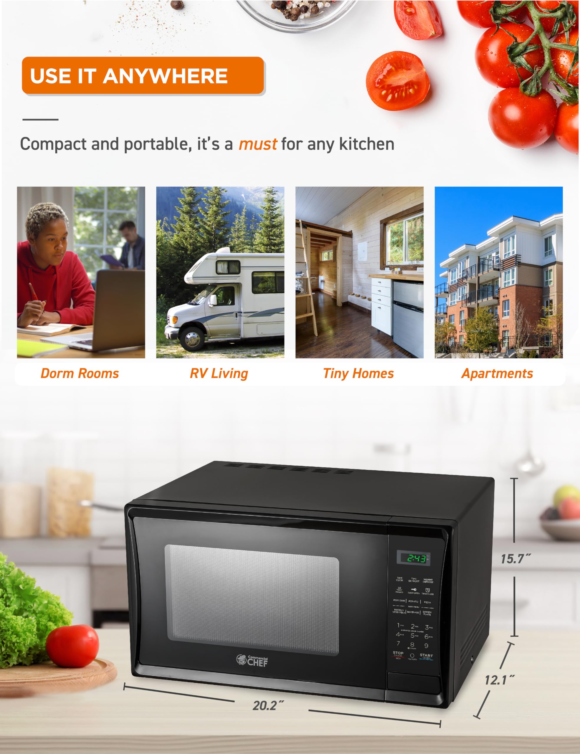 Commercial Chef 1.1 Cu Ft 1000W Countertop Microwave with 10 Power Levels, Push Button Door Lock, Turntable & Digital Controls - Perfect for Kitchens, Offices, Dorms & Small Spaces (Black)