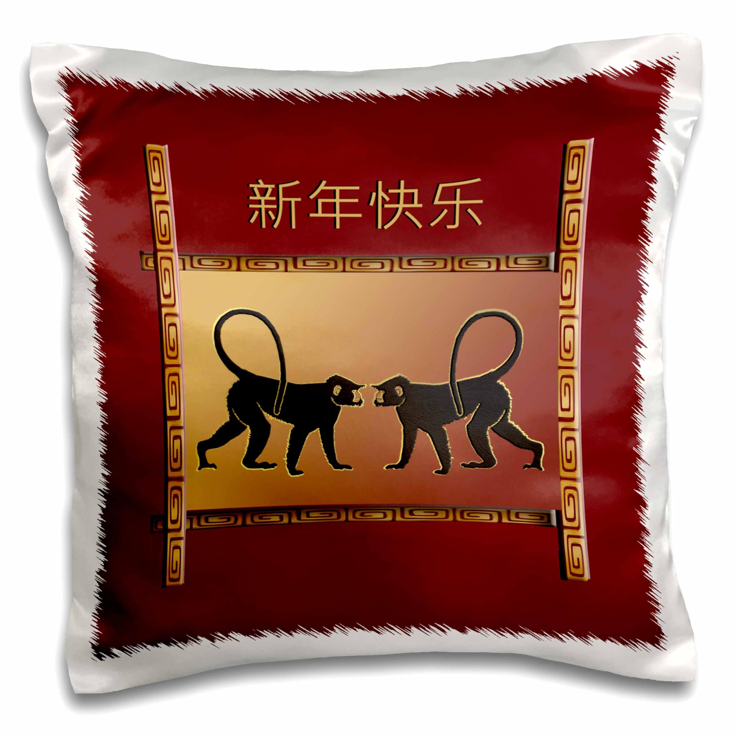 3D Rose Happy New Year Chinese Zodiac Monkey Print Pillow Case - 16x16 Inch Red, Copper & Black Decorative Throw Pillow Cover for Home, Living Room & Festive Decor