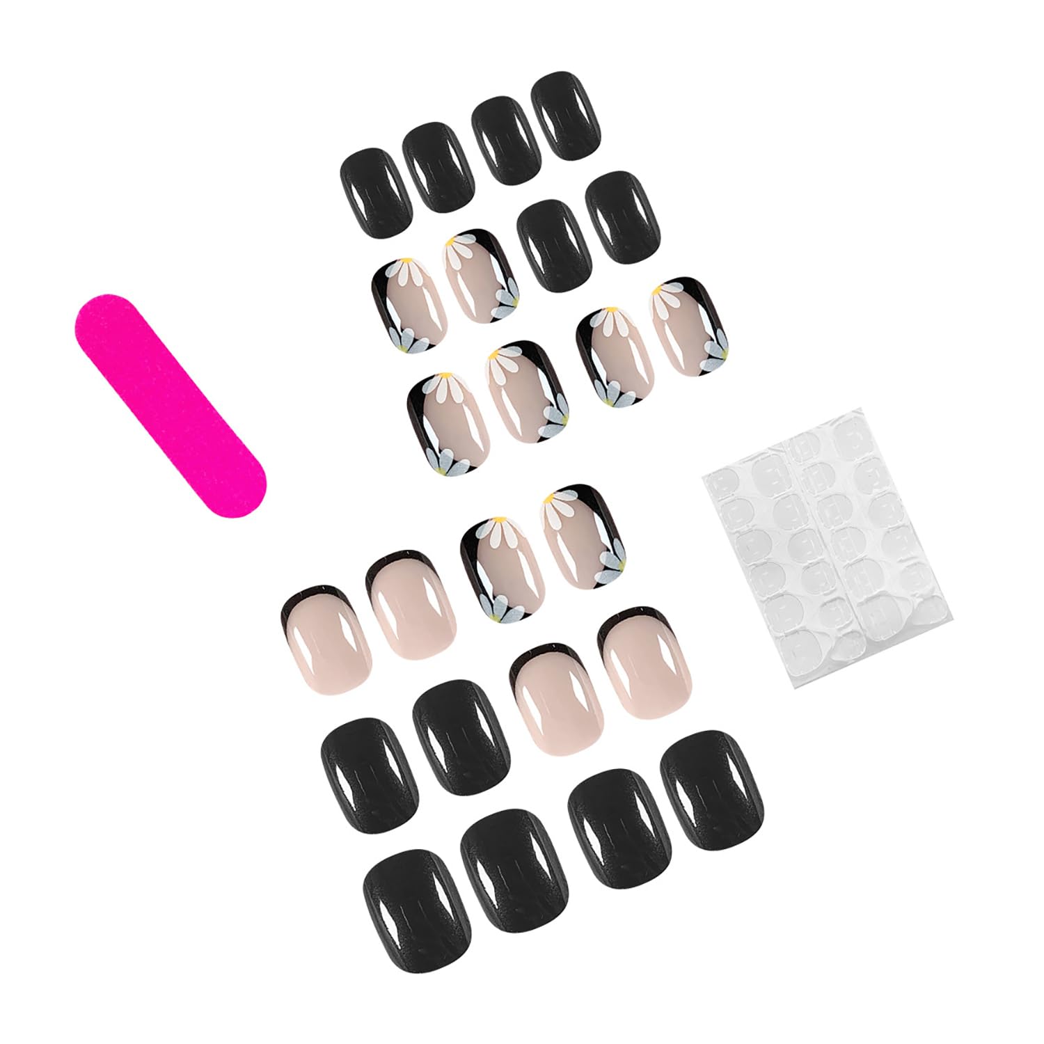 Short Square Press On Nails - 24Pcs Black Acrylic Fake Nails with Floral Designs, Glossy Full Cover False Nails for Women | Easy Glue On Nails for Daily Wear, Parties & Special Occasions