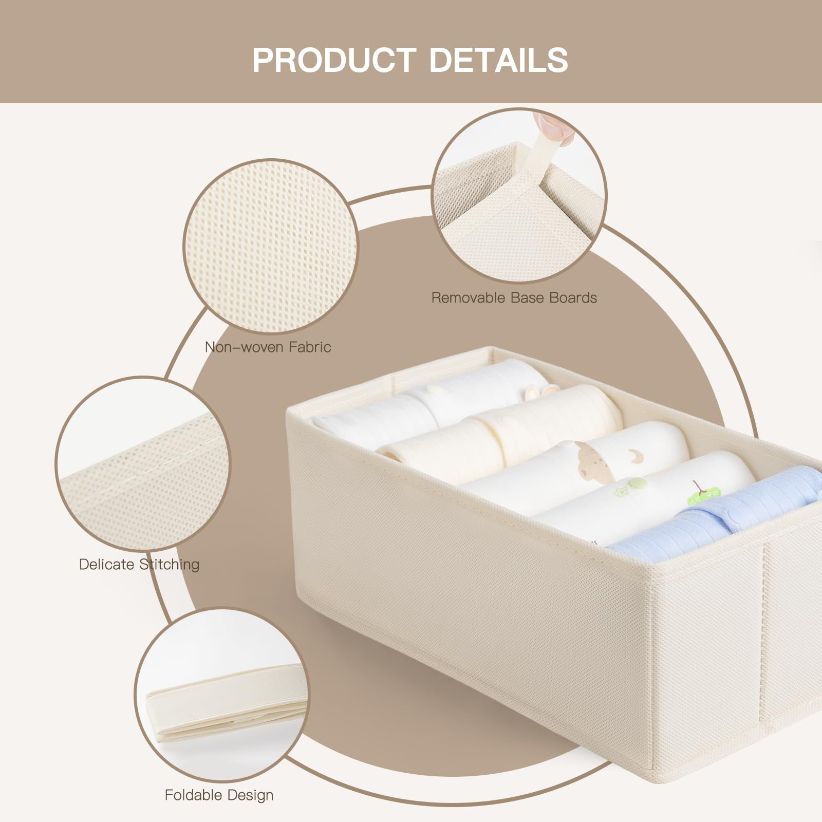10-Pack Beige Drawer Organizers for Baby Clothes & Underwear - Foldable Nursery Storage Bins for Bedroom Closet Organization