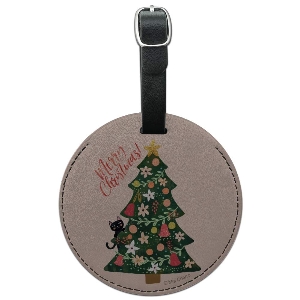 Christmas Tree Cat-Themed Round Leather Luggage Tag - Personalized Carry-On ID Tag for Travel & Suitcases | Perfect Gift for Cat Lovers & Holiday Travelers