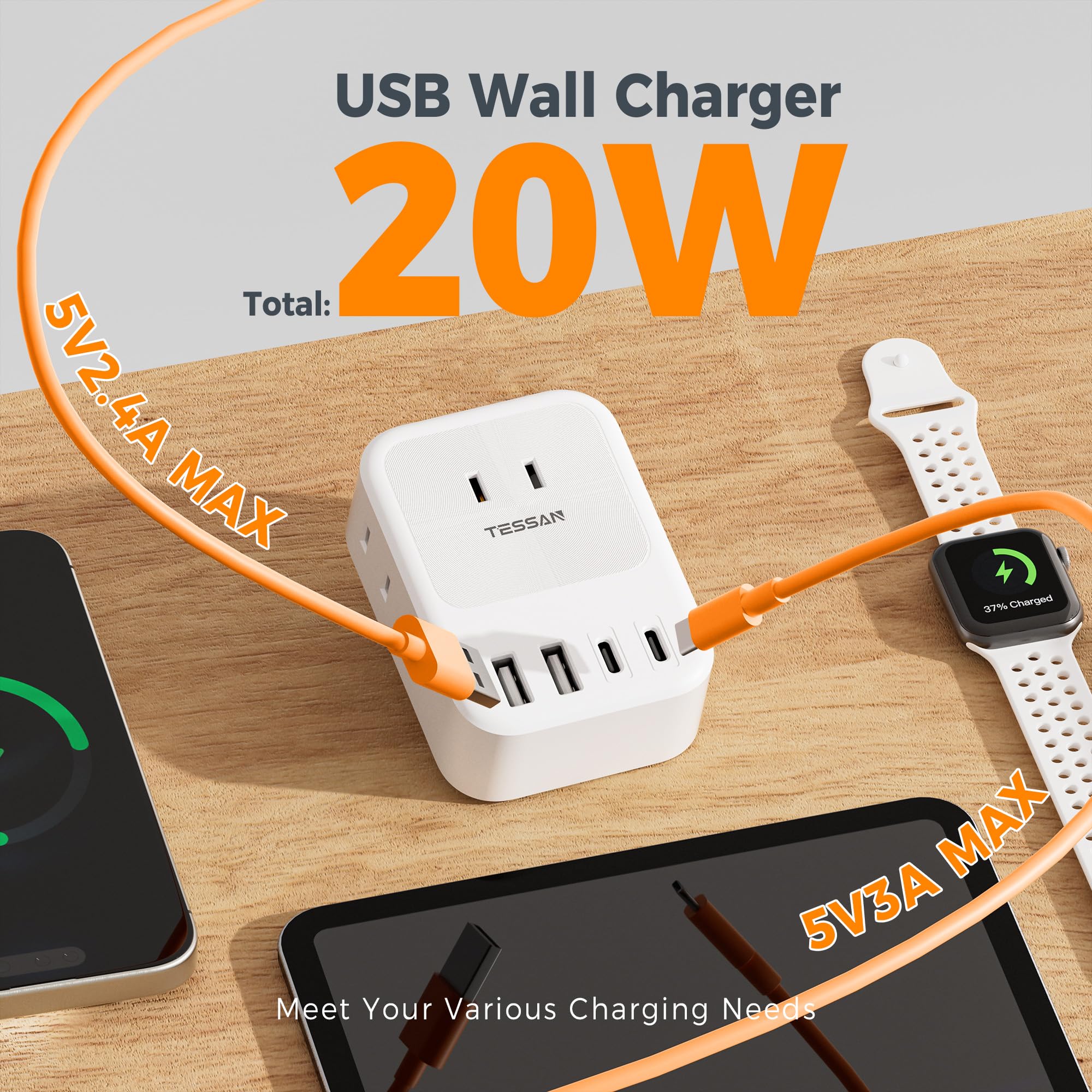 TESSAN 3 AC & 4 USB Wall Charger - Multi-Port Power Adapter for Home, Office, Dorm