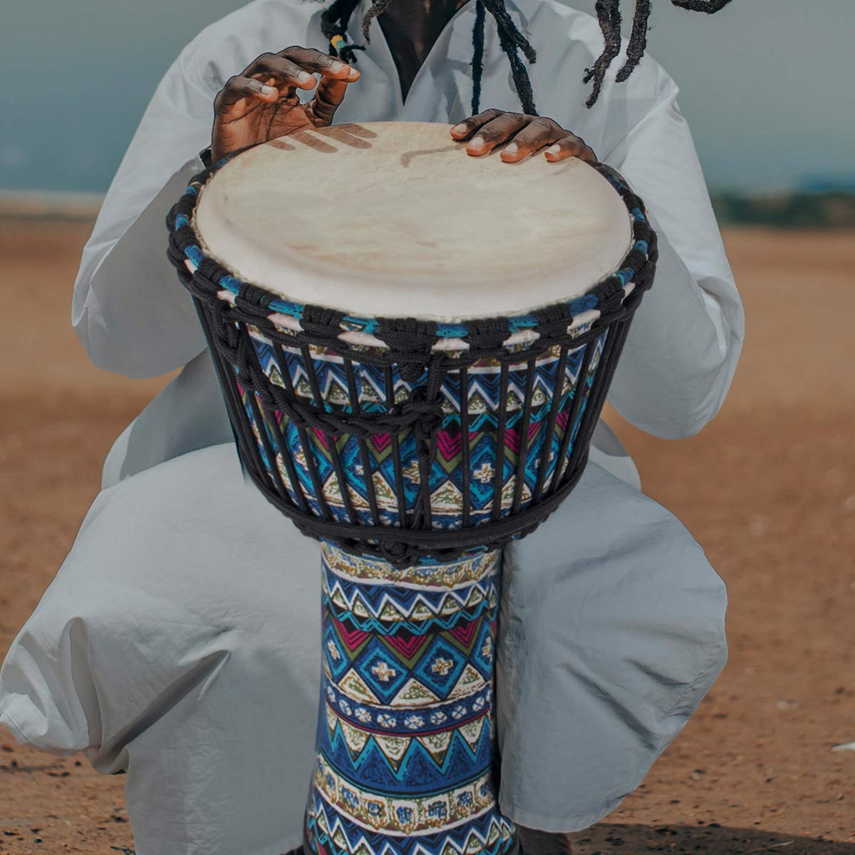 AKLOT 11'' x 20'' African Djembe Drum with Blue Floral Design - Lightweight ABS Resin Body & Goatskin Drumhead - Perfect for Beginners, Yoga Classes, Drum Circles & Cultural Performances