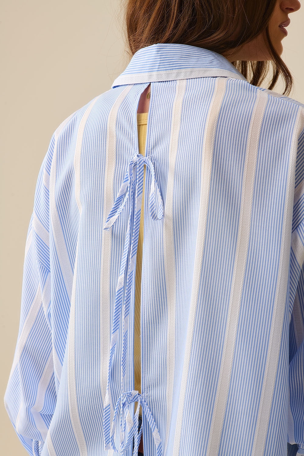 Blue and White Striped Casual Tie-Back Shirt for Women - Perfect for Summer Outings, Beach Vacations, and Casual Office Wear