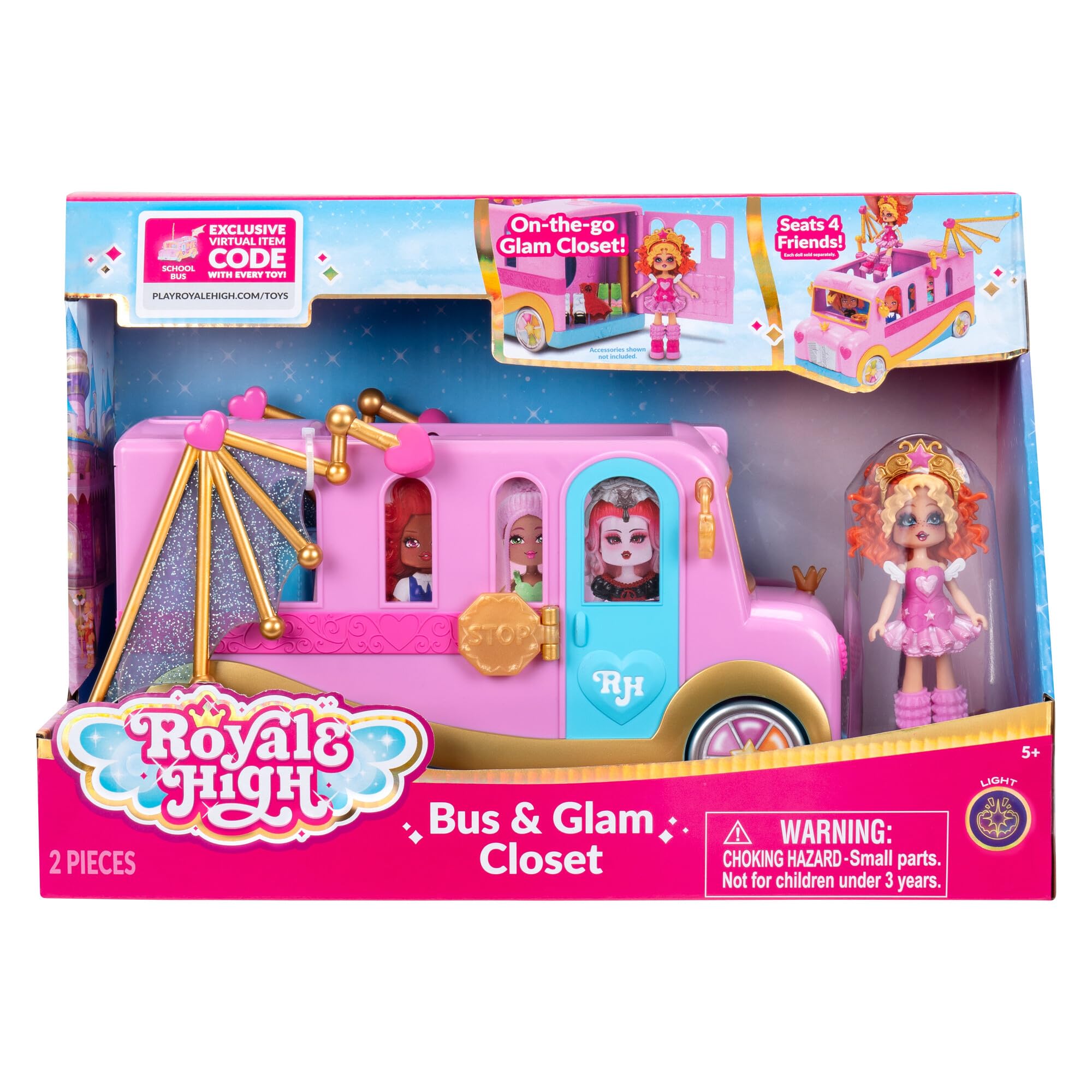 Royale High Bus & Glam Closet - Exclusive Fashion Doll with Mobile Closet, Movable Wings, Functional Wheels & Seats for 4 Friends - Includes Virtual Item Code - Perfect for Role Play & Travel Adventures - Ages 5+