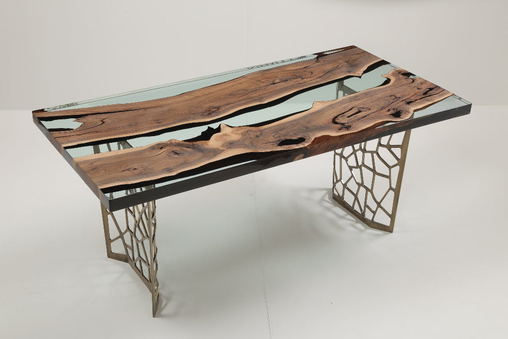 Voronoi Resin Walnut River Dining Table - Modern Wood & Epoxy Live Edge Table for Dining Room, Kitchen, Office - Unique Handmade Home Decor & Furniture