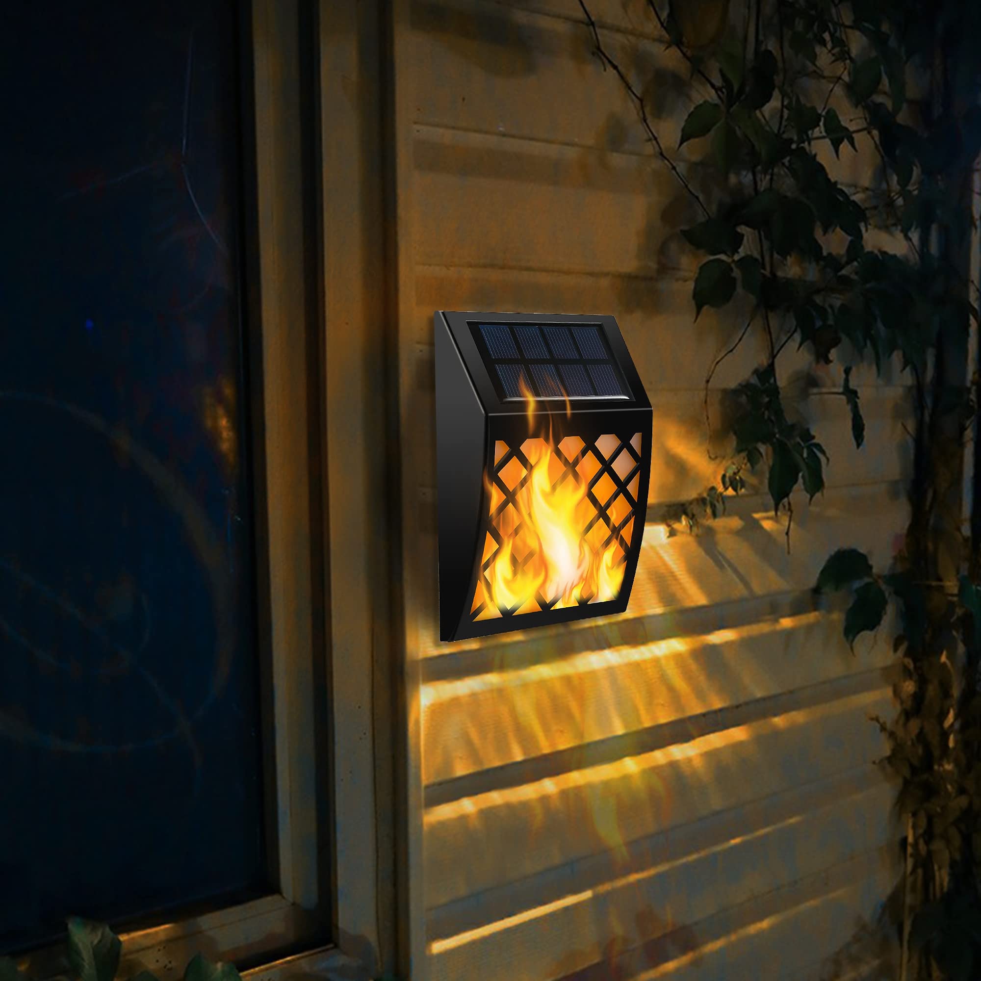 Dynaming Solar Flame Lights Outdoor - 4 Pack Solar Powered Flickering Flame Wall Lights with Auto On/Off - Waterproof Decorative Lighting for Fence, Deck, Garden, Pathway, Patio, Porch & Yard - Perfect for Halloween, Christmas & Outdoor Parties