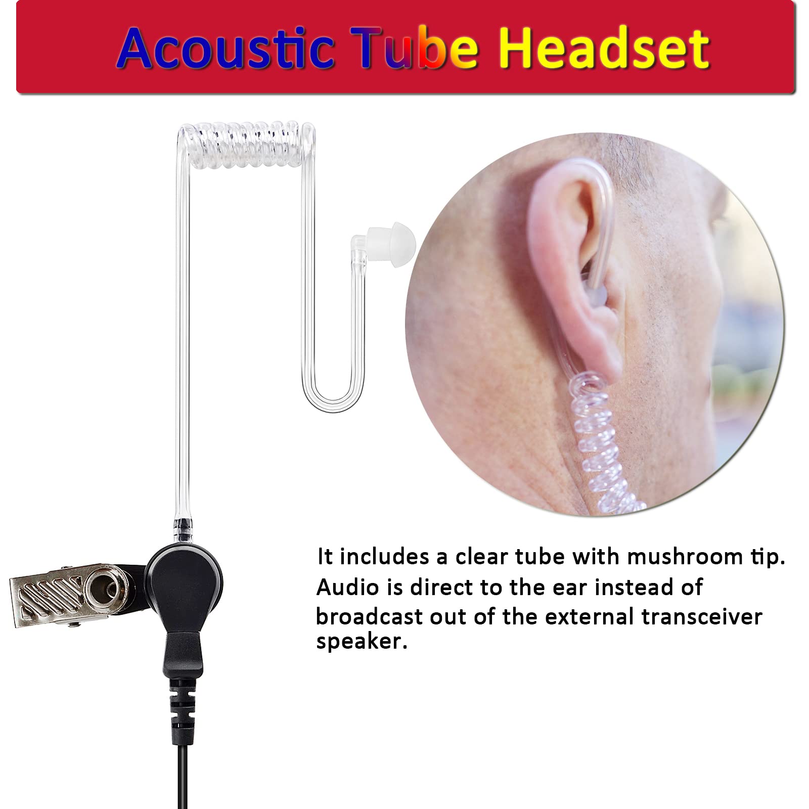 Universal 2 Pin Walkie Talkie Earpiece with Mic - Push to Talk (PTT) Acoustic Tube Headset for Baofeng UV-5R, Retevis, Kenwood, Puxing & Wouxun 2 Way Radios (Pack of 2) - Ideal for Security, Construction & Outdoor Adventures