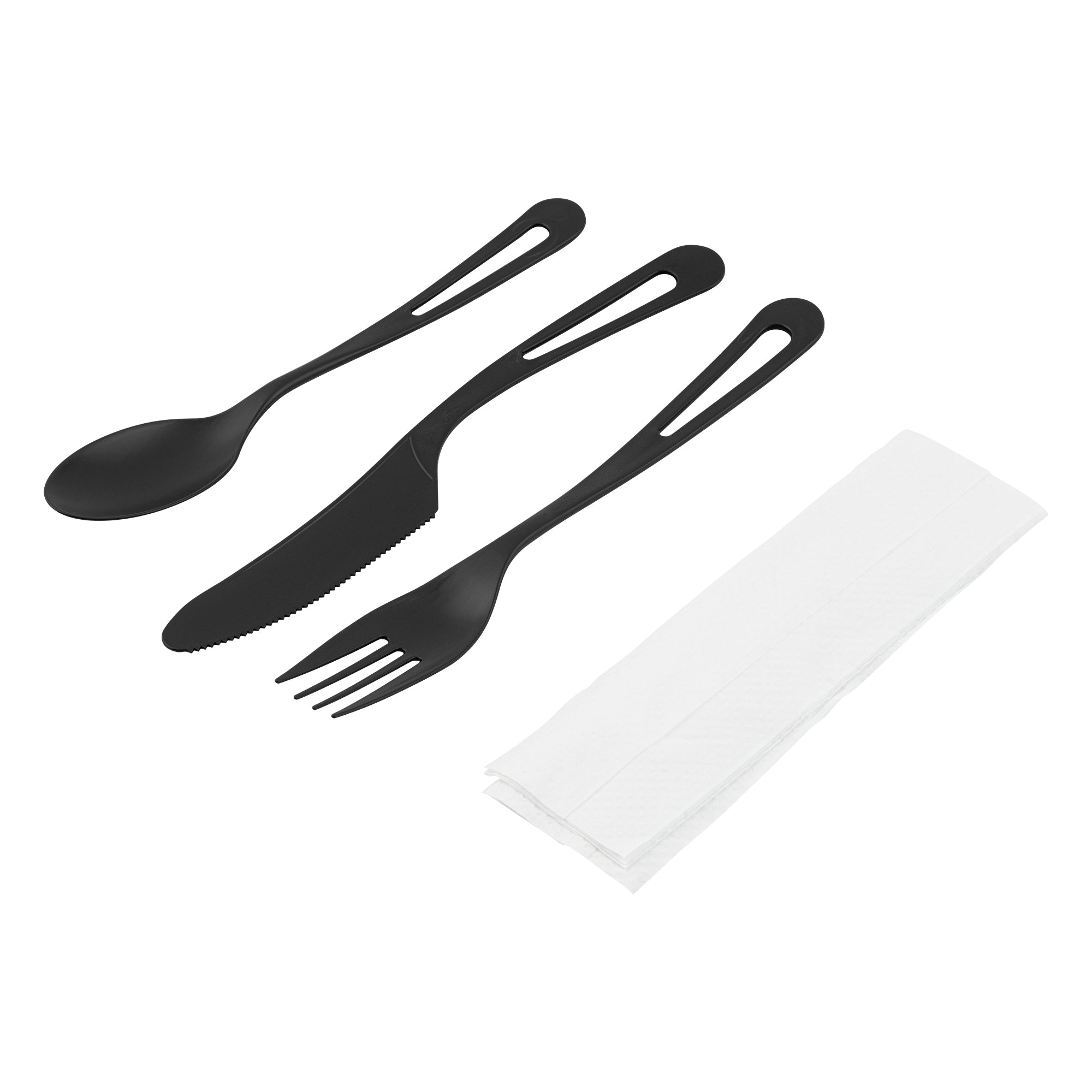 Eco-Friendly Black CPLA Plastic Cutlery Set - 100-Piece Compostable Cutlery with Wrappers & White Napkins | Heat-Resistant 7.5