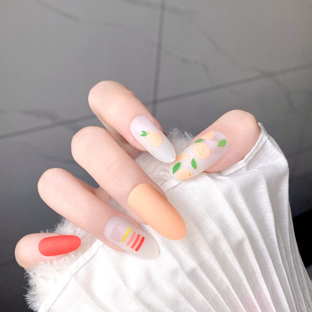 24 Pcs Medium Almond Press on Nails - Nude Fake Nails with Orange Fruit Design, Glossy Short Artificial Nails with Glue for Women & Girls (Light Yellow Base/Green White) | Perfect for Parties, Weddings, Daily Wear & Nail Art Enthusiasts