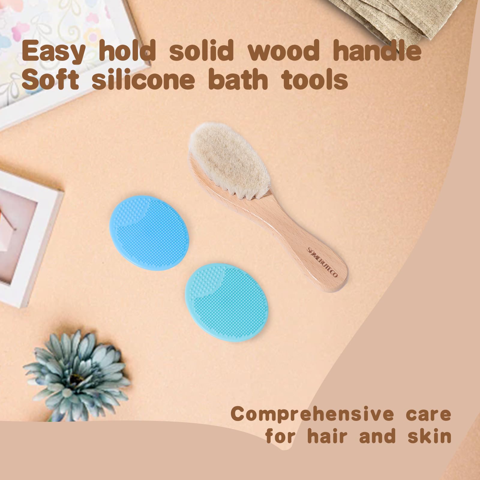 **Goat Hair & Silicone Baby Hair Brush Set - 2-Piece Cradle Cap Brush with Wood Handle for Newborns & Toddlers (3-Pack) - Gentle Scalp Care for Bath Time & Daily Grooming**