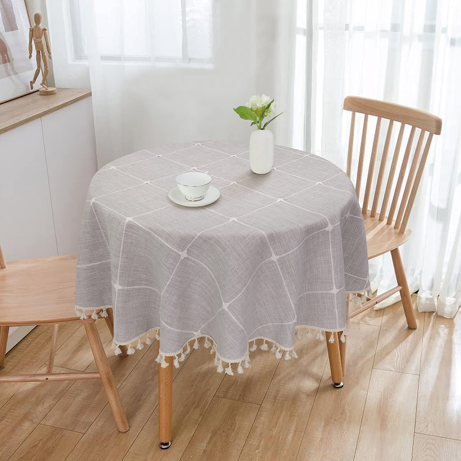 Vonabem Wrinkle-Free Cotton Linen Tablecloth with Tassel Trim - 60 Inch Round Kitchen Dining Table Cover in Grey | Perfect for Dinner Parties, Holiday Gatherings & Everyday Use