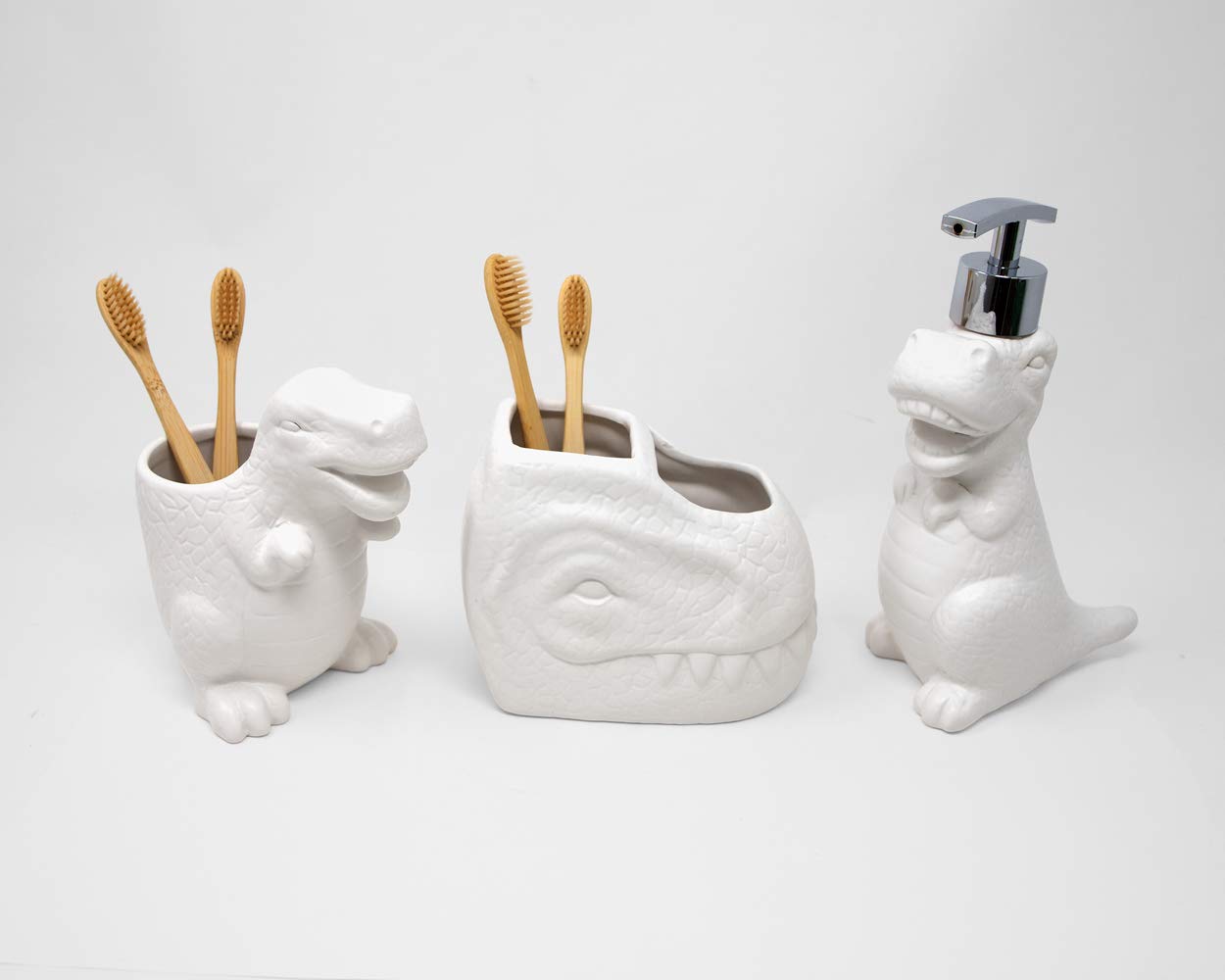 Isaac Jacobs White Ceramic Dinosaur Toothbrush Holder - 2 Compartment Bathroom Organizer for Toothbrushes, Makeup Brushes & Utensils | Stylish Storage for Bathroom Counter, Kitchen, Office Desk & Craft Room | Dinosaur-Themed Home Decor Accessory (White)