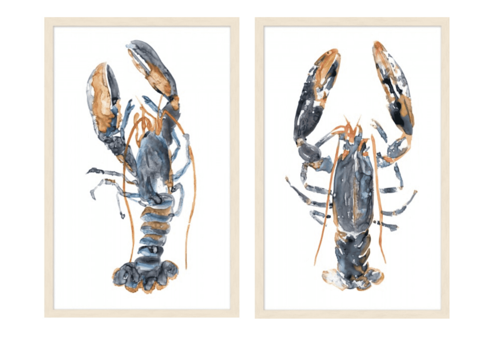 Watercolor Lobster I & II Framed Art Set - Coastal Wall Decor for Kitchen, Bathroom or Beach House