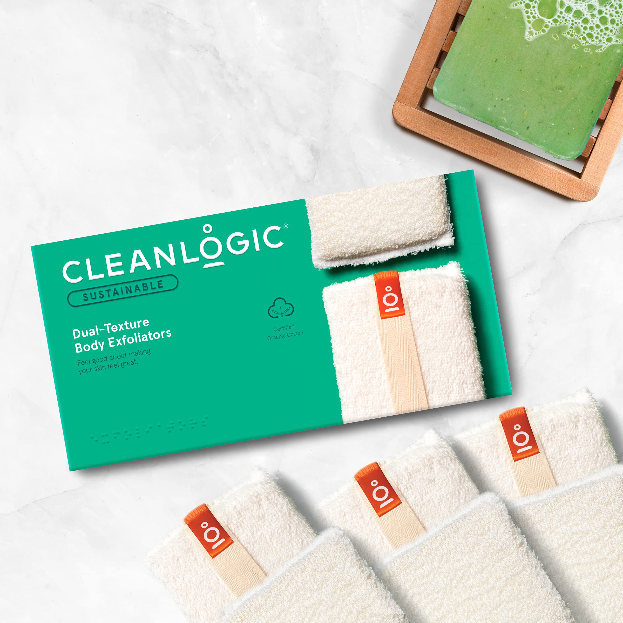 Cleanlogic Organic Cotton Dual Texture Body Exfoliator Scrubber - Pack of 6 for Dry Skin Removal, Improved Circulation & Lymphatic Drainage - Eco-Friendly Bath & Shower Exfoliating Gloves for Spa-Like Skincare at Home