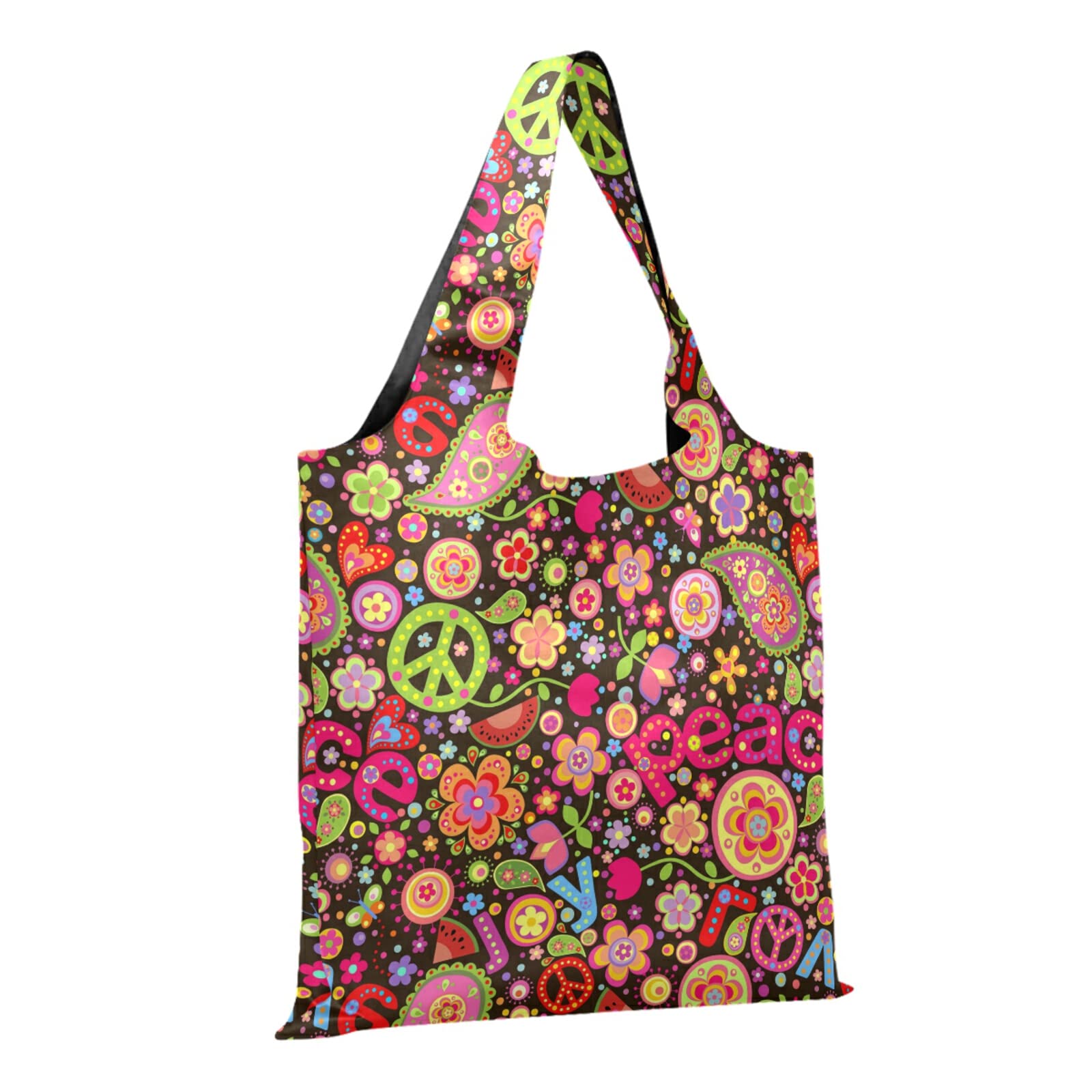 CaTaKu Love and Peace Reusable Shopping Bags - Rainbow Mosaic Foldable Grocery Tote, Large Durable Waterproof Nylon Pouch for Eco-Friendly Shopping, Travel & Beach Trips