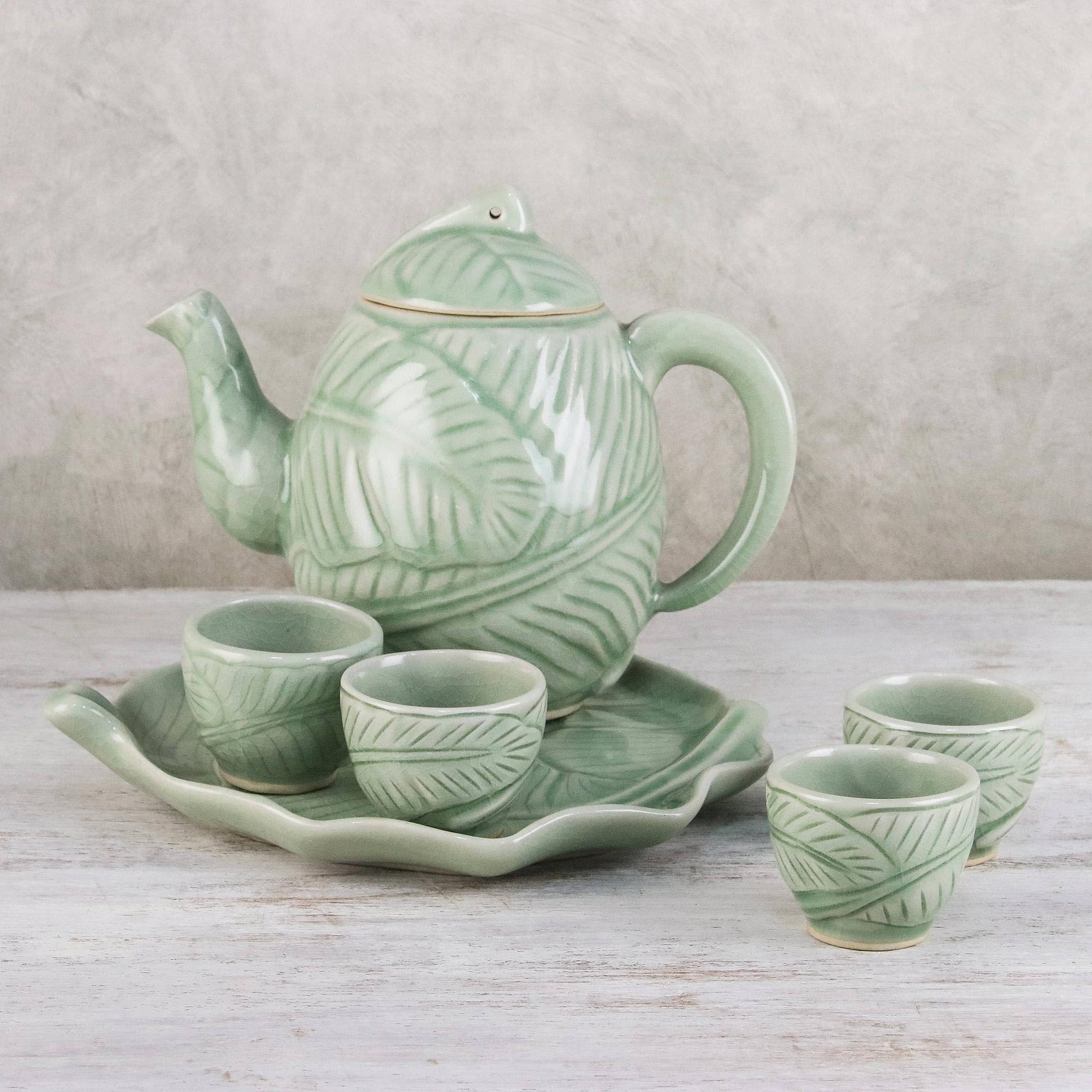 NOVICA Handcrafted Green Celadon Ceramic Tea Set with Leaf & Tree Design - 1 Oz, 'Peaceful Islands' (4-Piece Set) | Perfect for Afternoon Tea, Zen Meditation & Asian-Inspired Home Decor