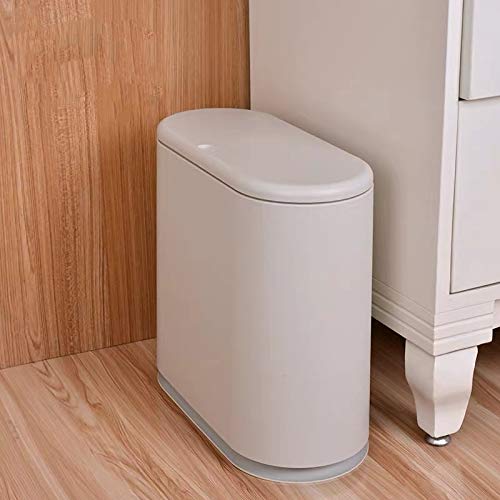 IEEK 2.4 Gallon Slim Press-Top Trash Can - Modern 10L Waste Basket for Bathroom, Kitchen, Office & Small Spaces (Grey) | Space-Saving Design for Tight Corners & Narrow Areas