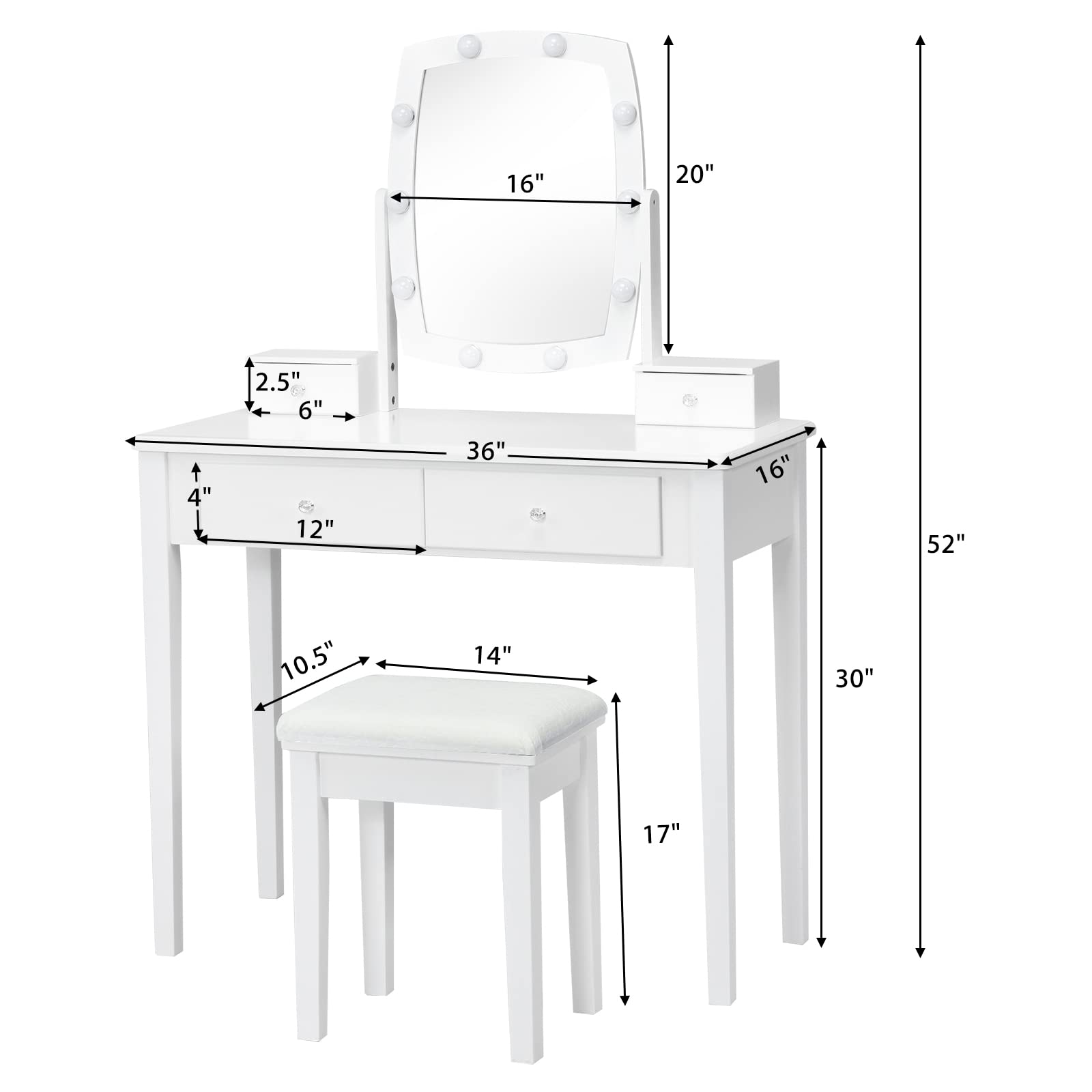 Charmaid Girls Makeup Vanity Desk with LED Mirror Lights - 10 Bulbs, 3 Lighting Modes, 4 Storage Drawers & Stool - Modern Dressing Table for Bedroom, Teen Room & Beauty Salon (White)