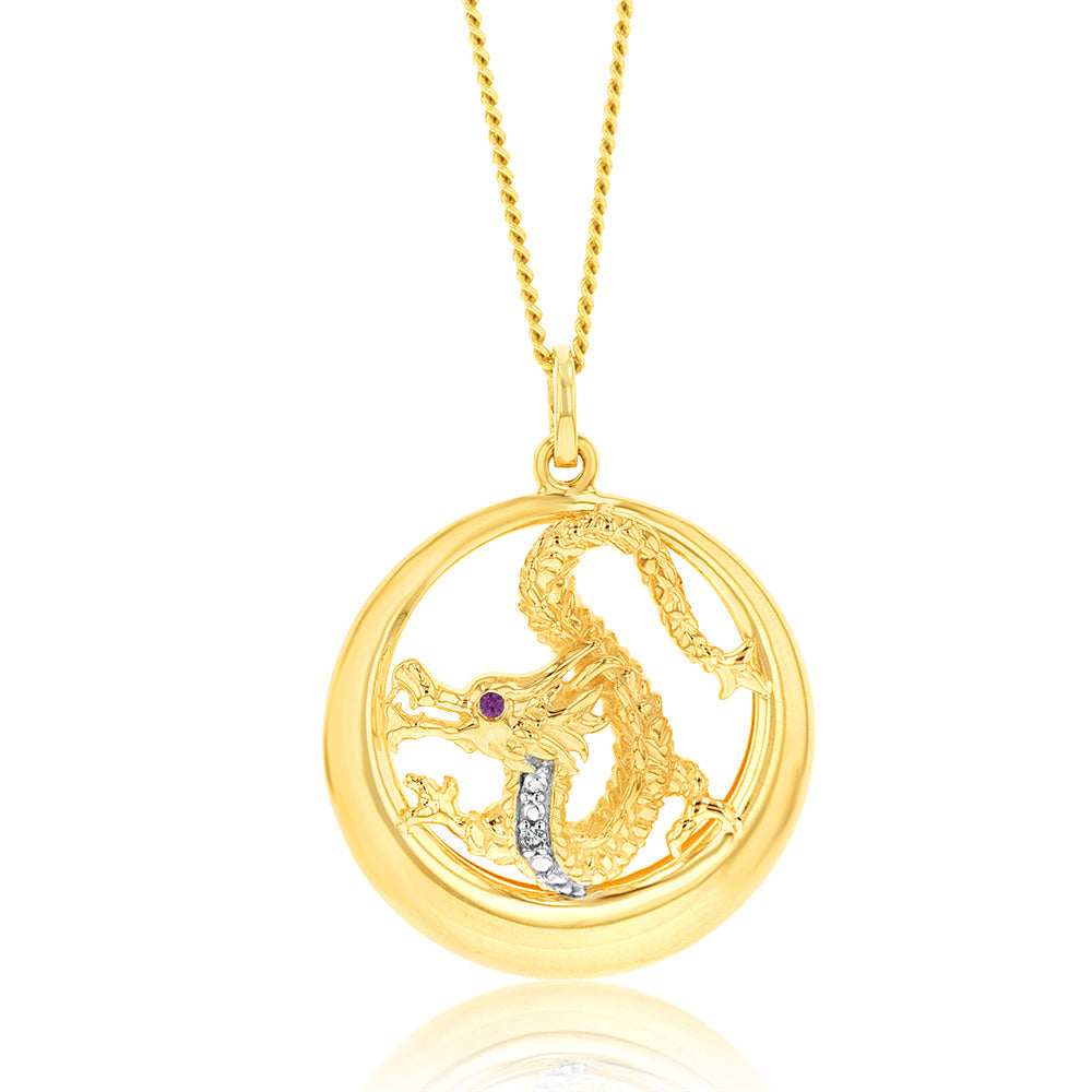 9ct Yellow & White Gold Ruby & Diamond Dragon Pendant Necklace - Elegant Jewelry Gift for Women, Perfect for Valentine's Day & Anniversary Celebrations