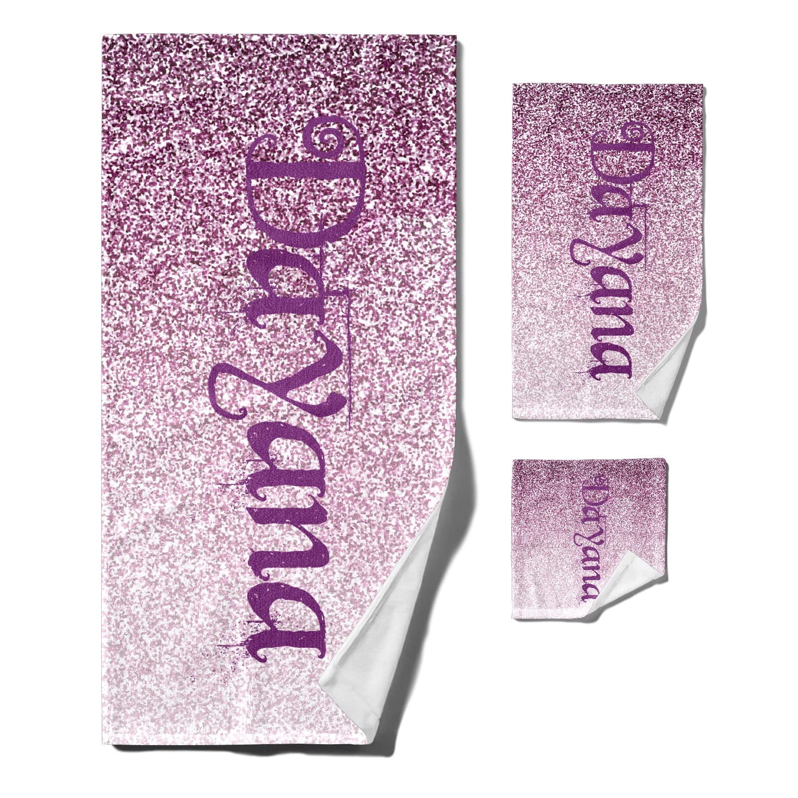 Personalized Custom Purple Print Bath Towel Set of 3 - Monogrammed Hand Towel & Washcloth for Camping, Hiking, Kitchen | Perfect Gift for Housewarming, Wedding & Travel