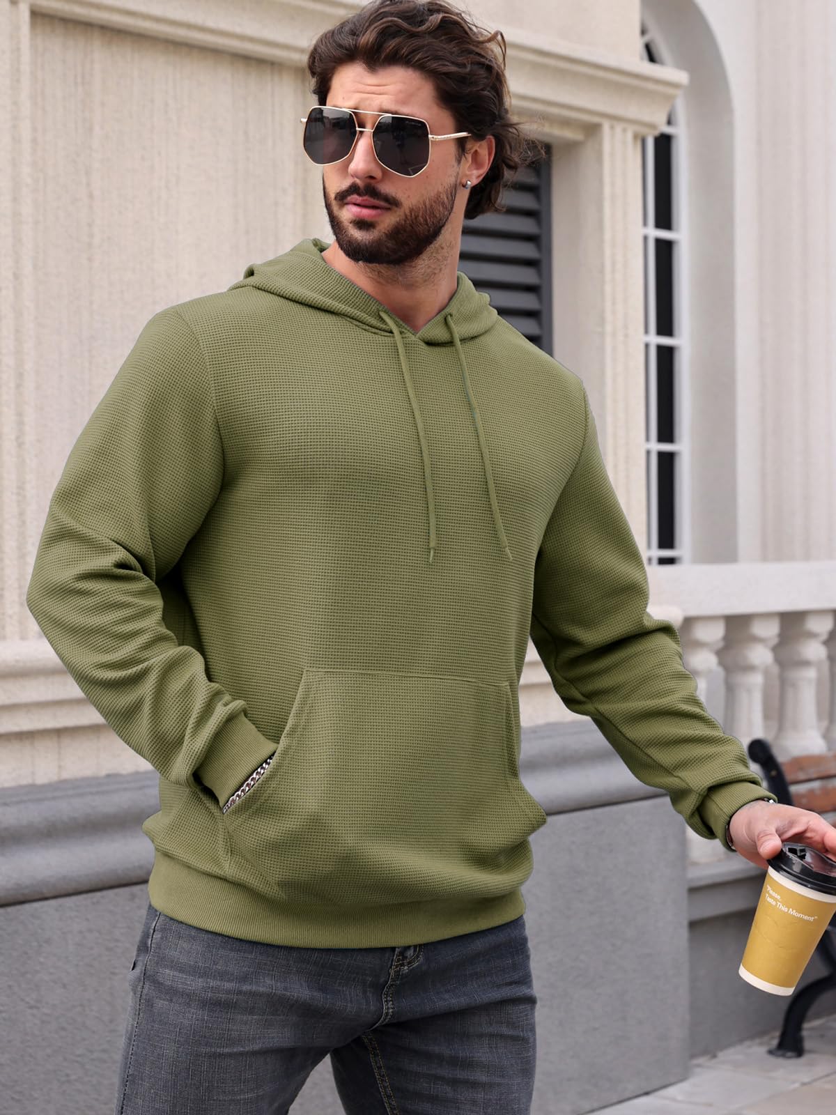 MANSDOUR Men's Casual Long Sleeve Waffle Knit Hoodie with Drawstring & Pocket - Warm Pullover Sweatshirt for Outdoor Activities, Streetwear & Lounge Wear