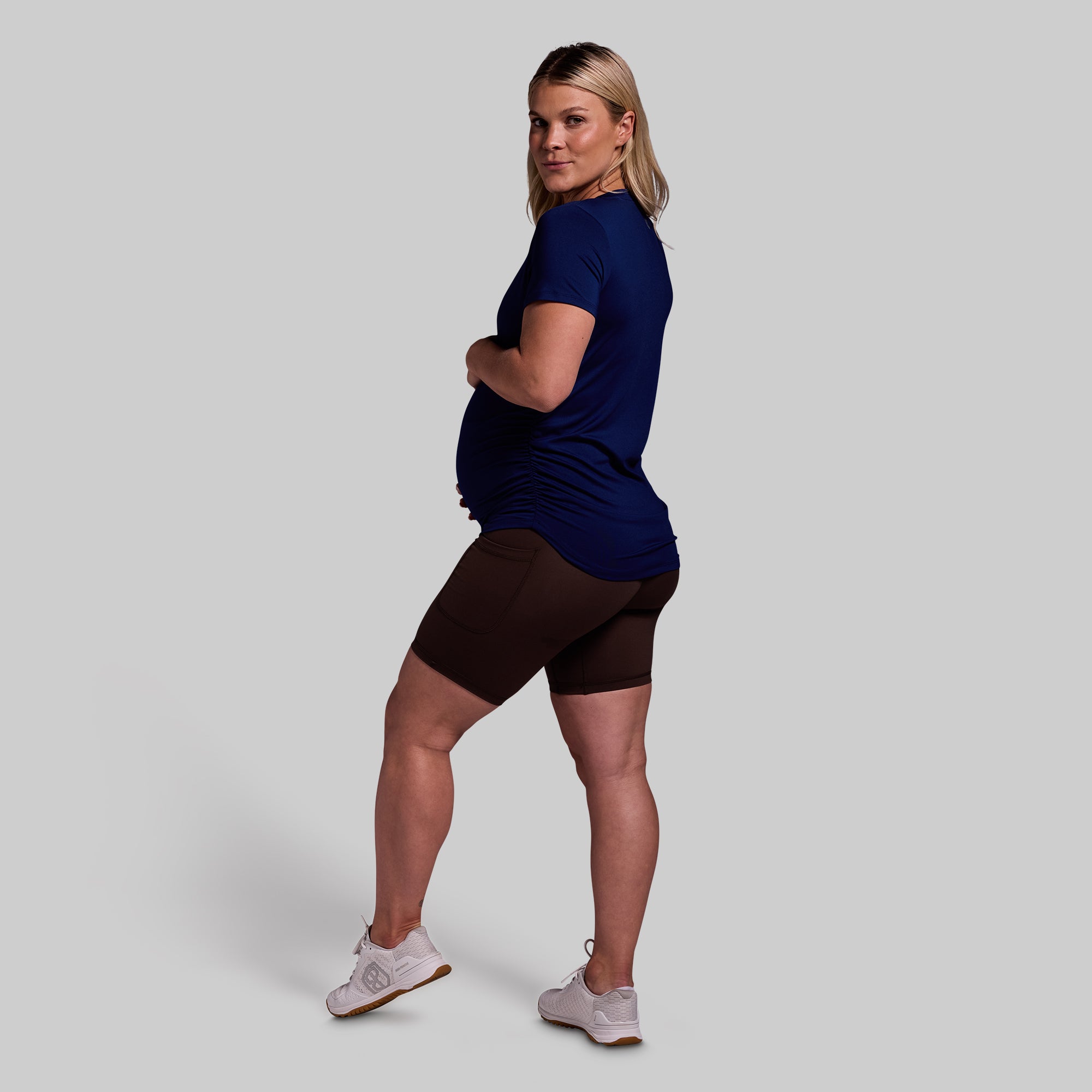 Maternity Athleisure Short Sleeve V-Neck T-Shirt - Comfortable Pregnancy Activewear for Women (Blue Depths) - Perfect for Yoga, Gym & Everyday Wear
