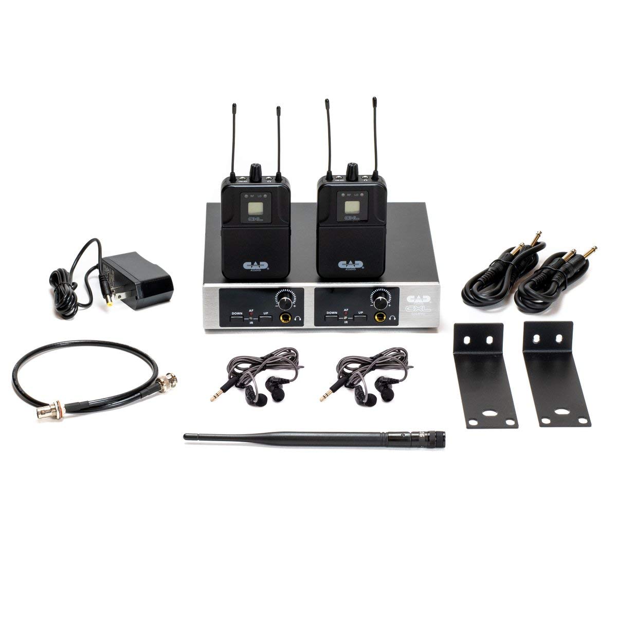 CAD Audio GXLIEM2 Frequency Agile Wireless In-Ear Monitor System - 2 Discrete Mixes with 2 MEB1 Earbuds & Bodypack Receivers - Rack Mount & Antenna Kit for Live Performances & Studio Recording