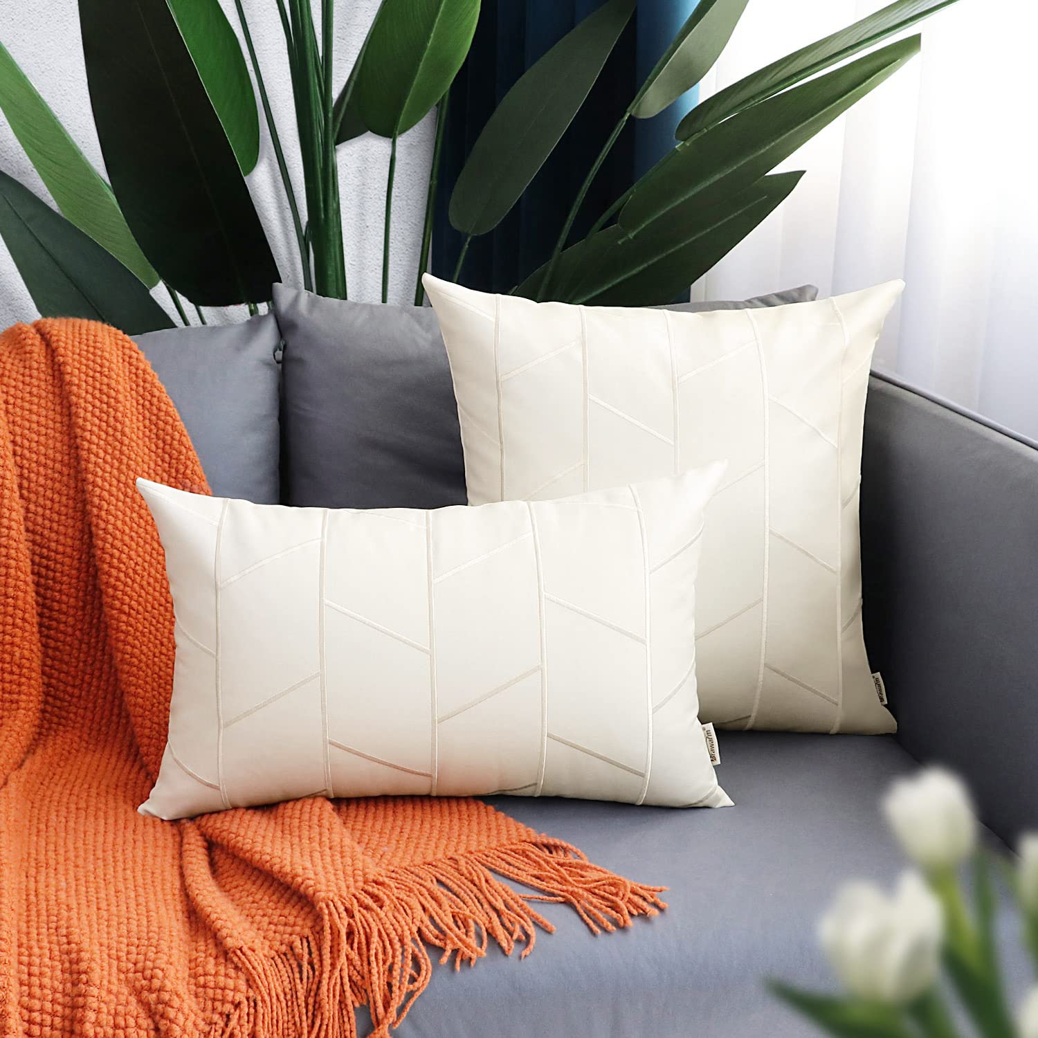 BRAWARM 16x16 Inch Faux Leather Pillow Covers - Pack of 2, Cream Geometric Embroidery Decorative Throw Pillows for Living Room, Couch, Bed & Sofa - Perfect for Home Decor, Farmhouse Style & Cozy Interior Design