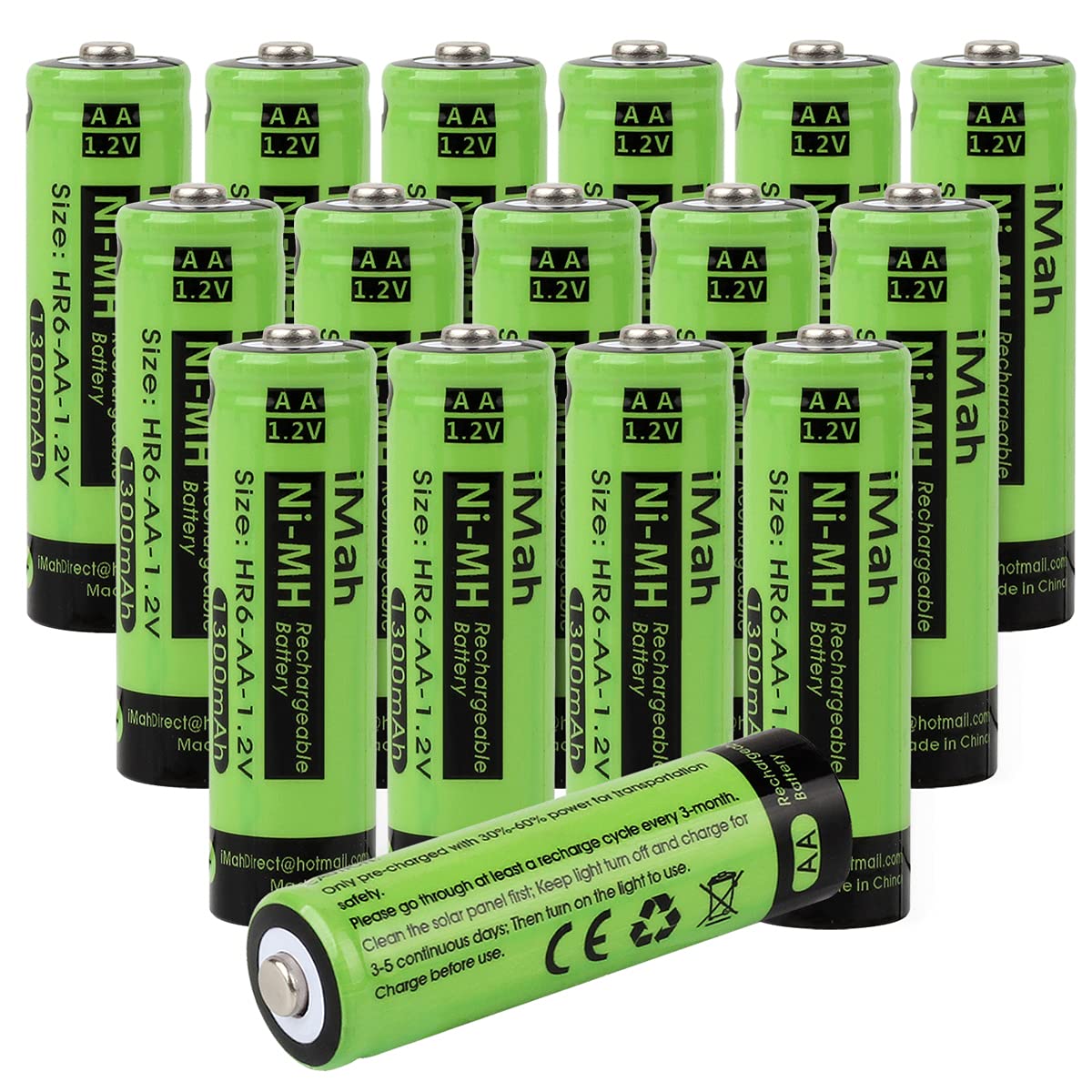 16-Pack AA Rechargeable Batteries 1.2V 1300mAh Ni-MH - Solar Lights, Garden Lamps, Remote Controls, Computer Mice & Household Devices - Long Lasting Power for Outdoor & Indoor Use