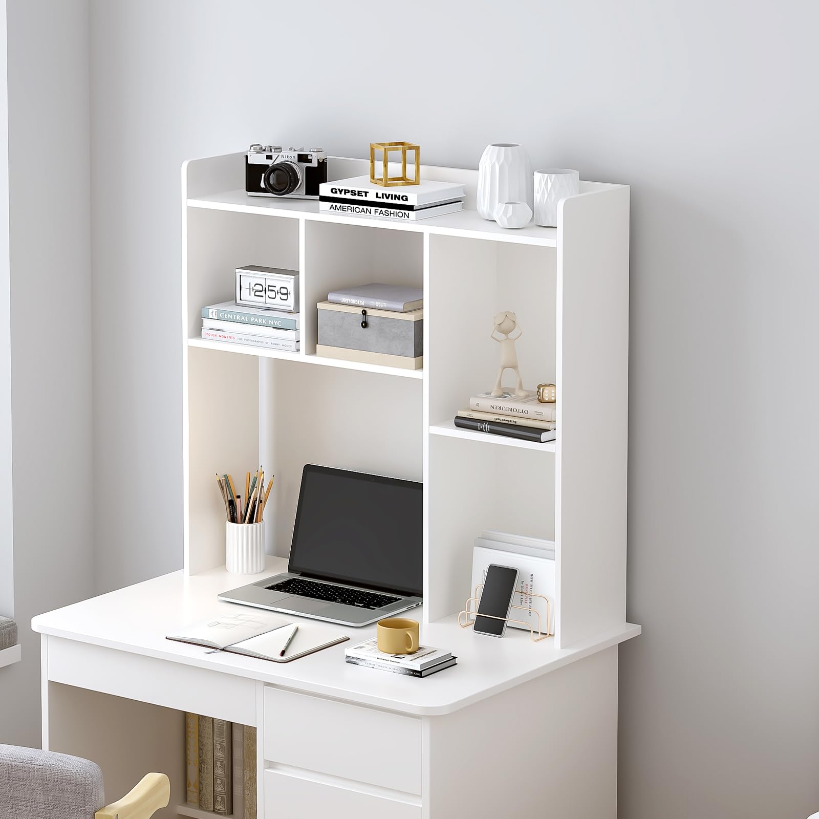 White Wooden Desktop Hutch Bookshelf - 37.4