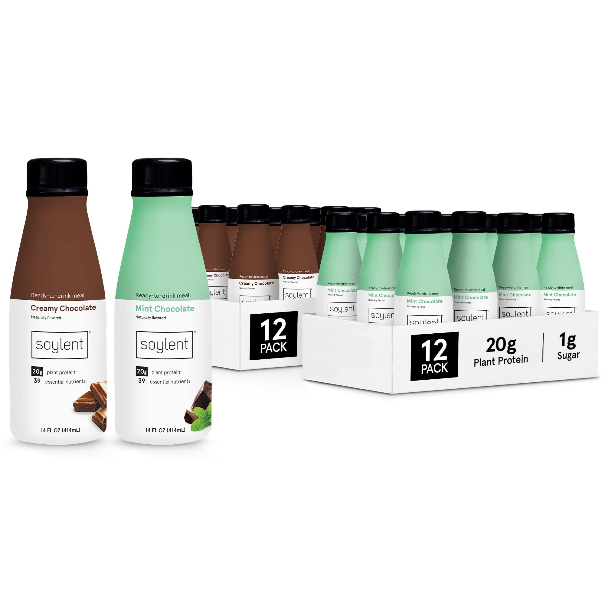 Soylent Meal Replacement Shake Bundle - Mint Chocolate & Creamy Chocolate Flavors (2 x 12-Pack, 14 oz Bottles, 24 Total) | Vegan Protein Shakes for Weight Loss, Busy Professionals & On-the-Go Nutrition