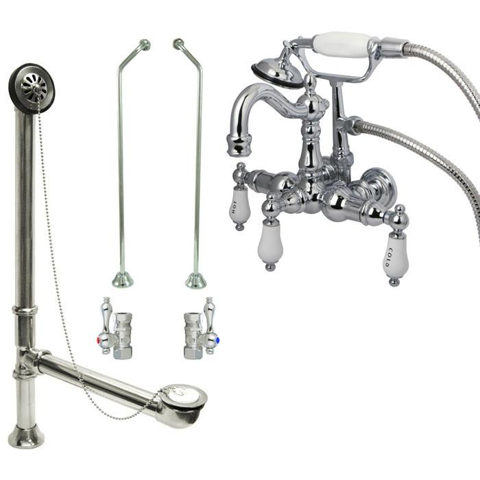 Chrome Wall Mount Clawfoot Tub Faucet with Hand Shower and Drain Stops - CC1010T1 System | Vintage Bathroom Fixture for Classic & Modern Bathrooms