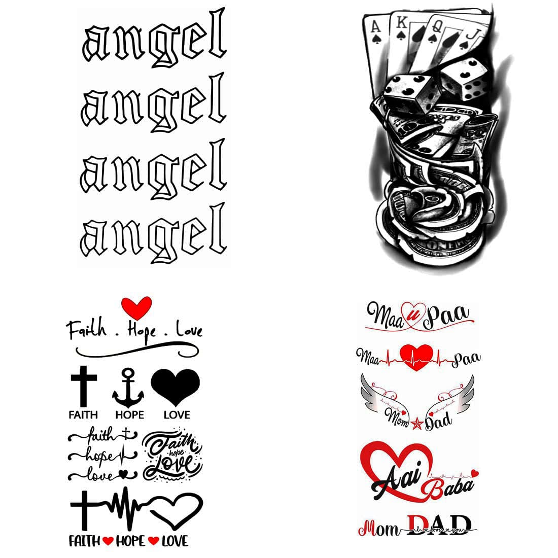 Faith Hope Love Temporary Tattoos for Men & Women - Pack of 4 Waterproof Fake Tattoo Stickers (2x4 Inch) - Perfect for Festivals, Parties & Spiritual Events