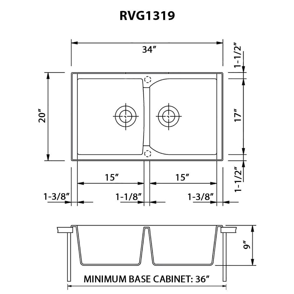 Ruvati RVG1319GR 34-inch Double Bowl Granite Composite Kitchen Sink - Scratch & Stain Resistant, Durable epiGranite Surface - Perfect for Modern Homes, Restaurants & RV Kitchens