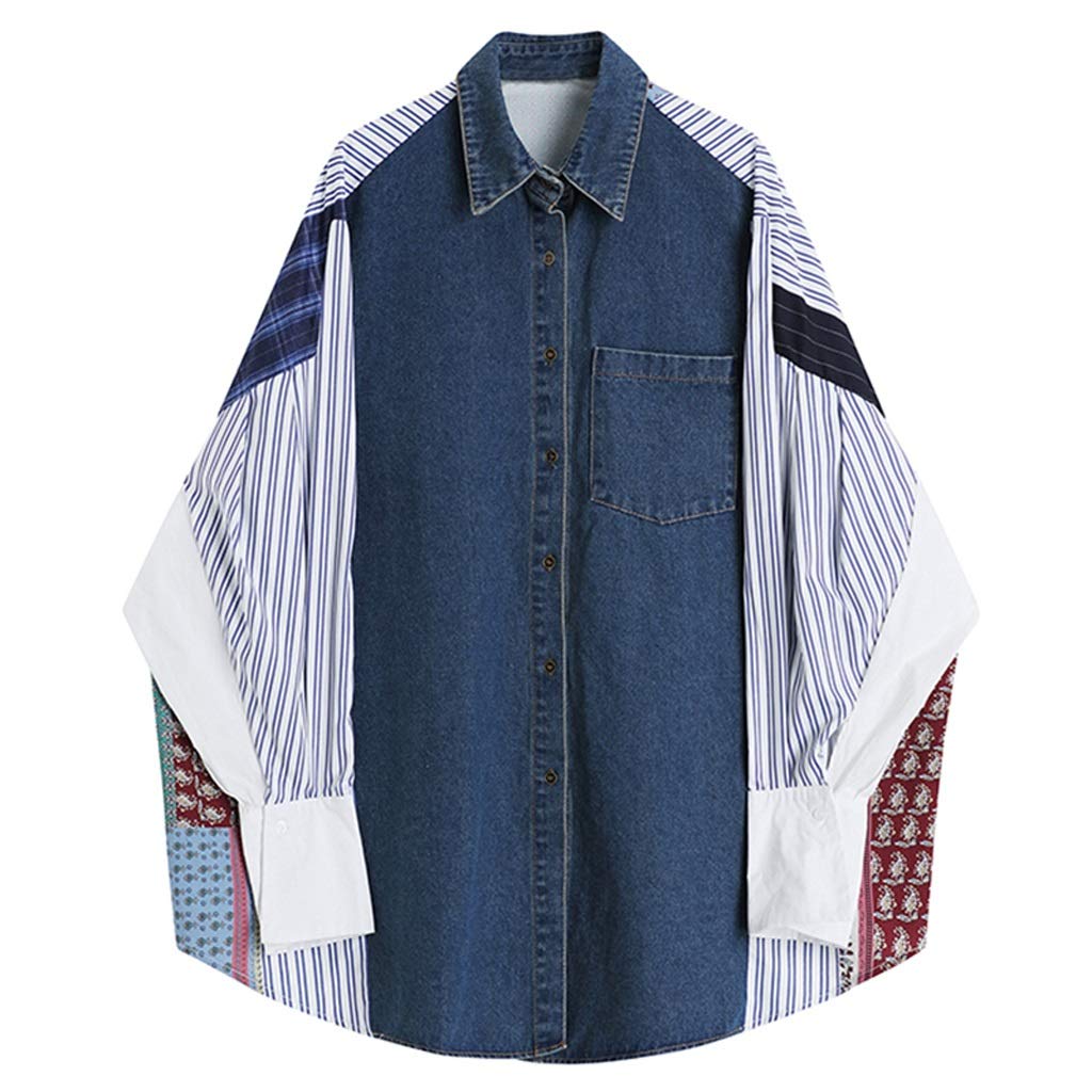 GPPZM Women's Striped Denim Blouse Plus Size Lapel Long Sleeve Loose Fit Shirt for Spring & Autumn | Casual Office Wear & Weekend Outfits