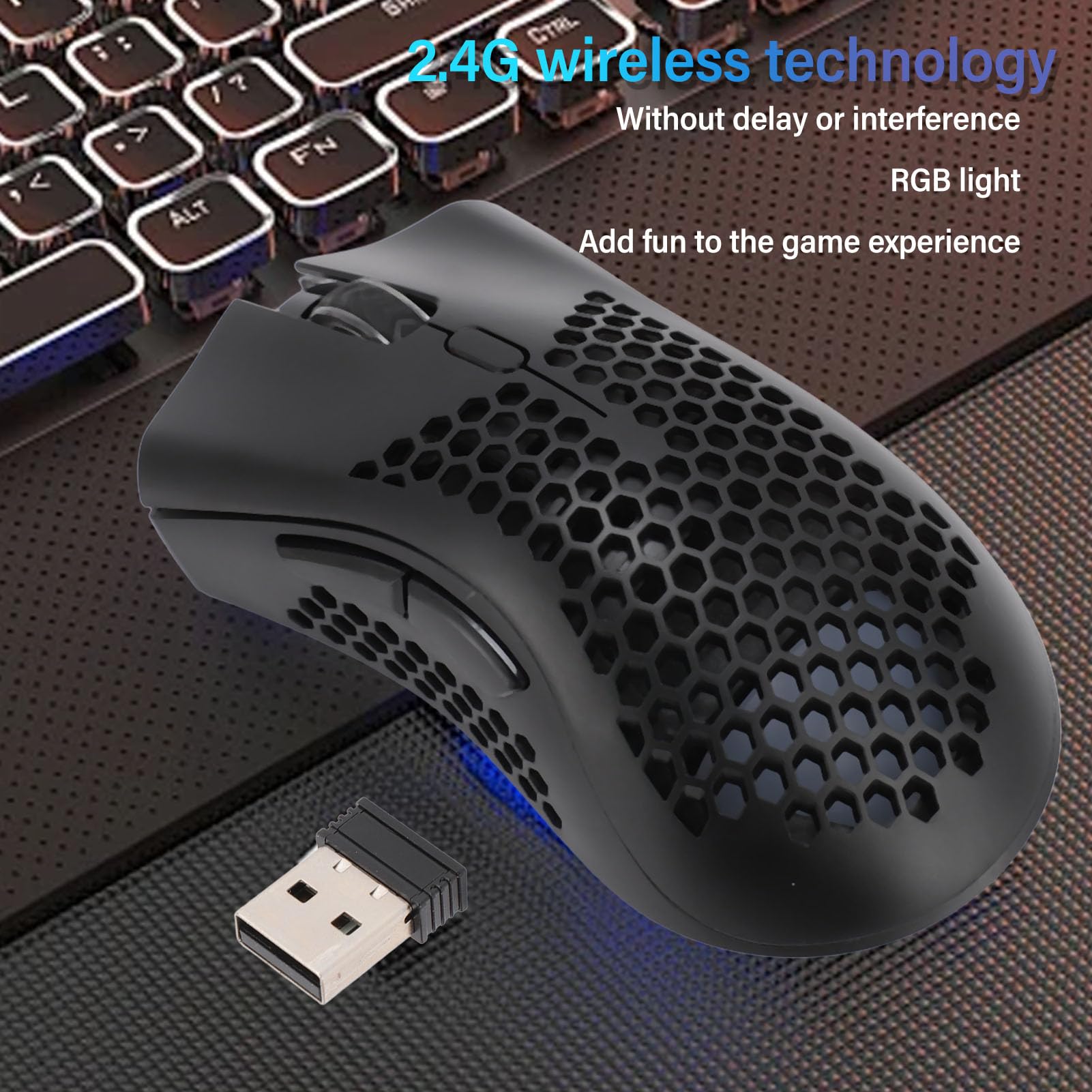 Wireless Gaming Mouse with 3 DPI Adjustment, RGB Backlit Ergonomic Design, Honeycomb Shell & Hex Pattern - 2.4Ghz Wireless, 6 Programmable Buttons for PC & Laptop - Perfect for FPS, MOBA & Esports Gaming