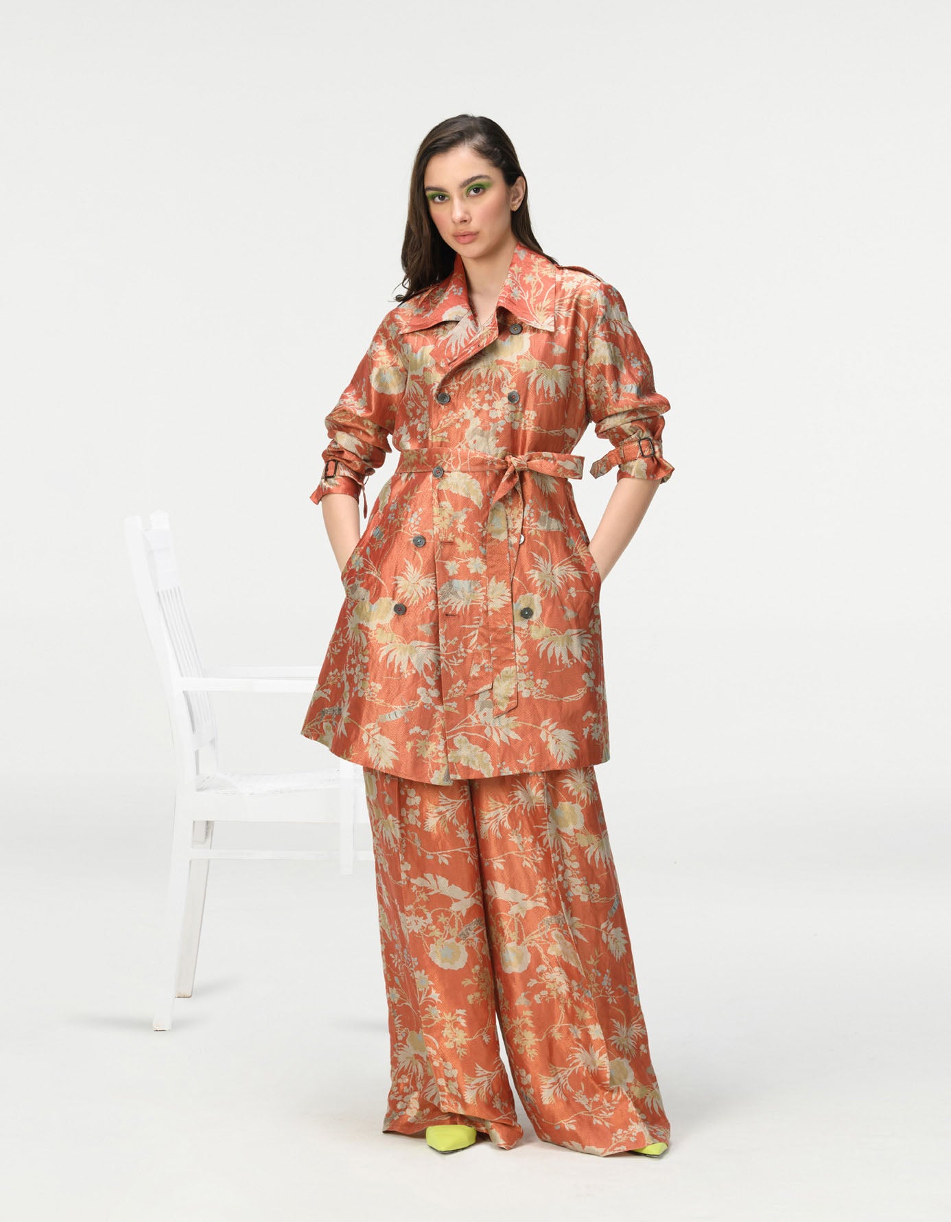 Elegant Trench Silk Brocade Coral Scarf - Perfect for Formal Events, Weddings & Evening Occasions