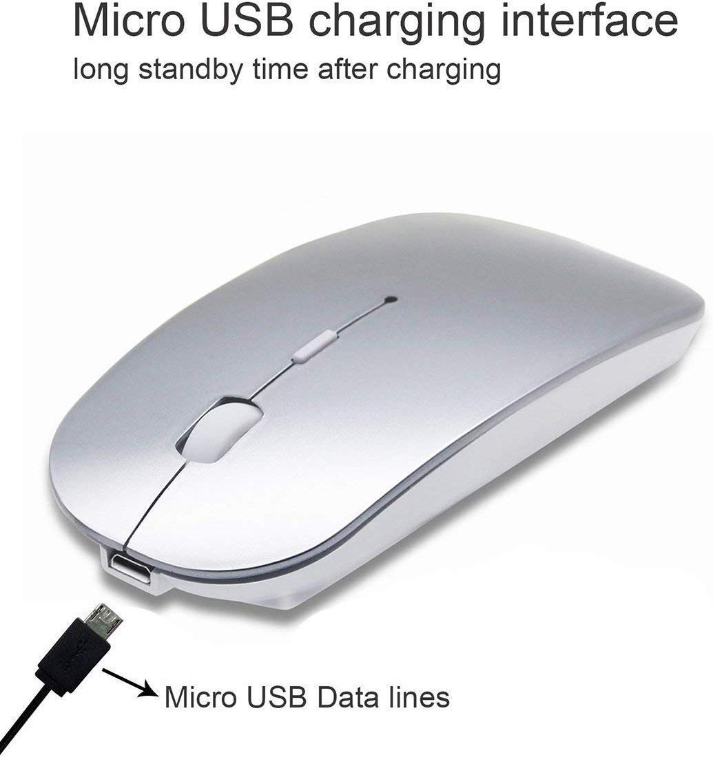 Rechargeable Bluetooth Wireless Mouse for MacBook Pro/Air, Laptop, PC, iPad Pro - Bluetooth 5.2/3.0 & 2.4G USB Receiver (Silver) | Perfect for Office Work, Travel & Home Use
