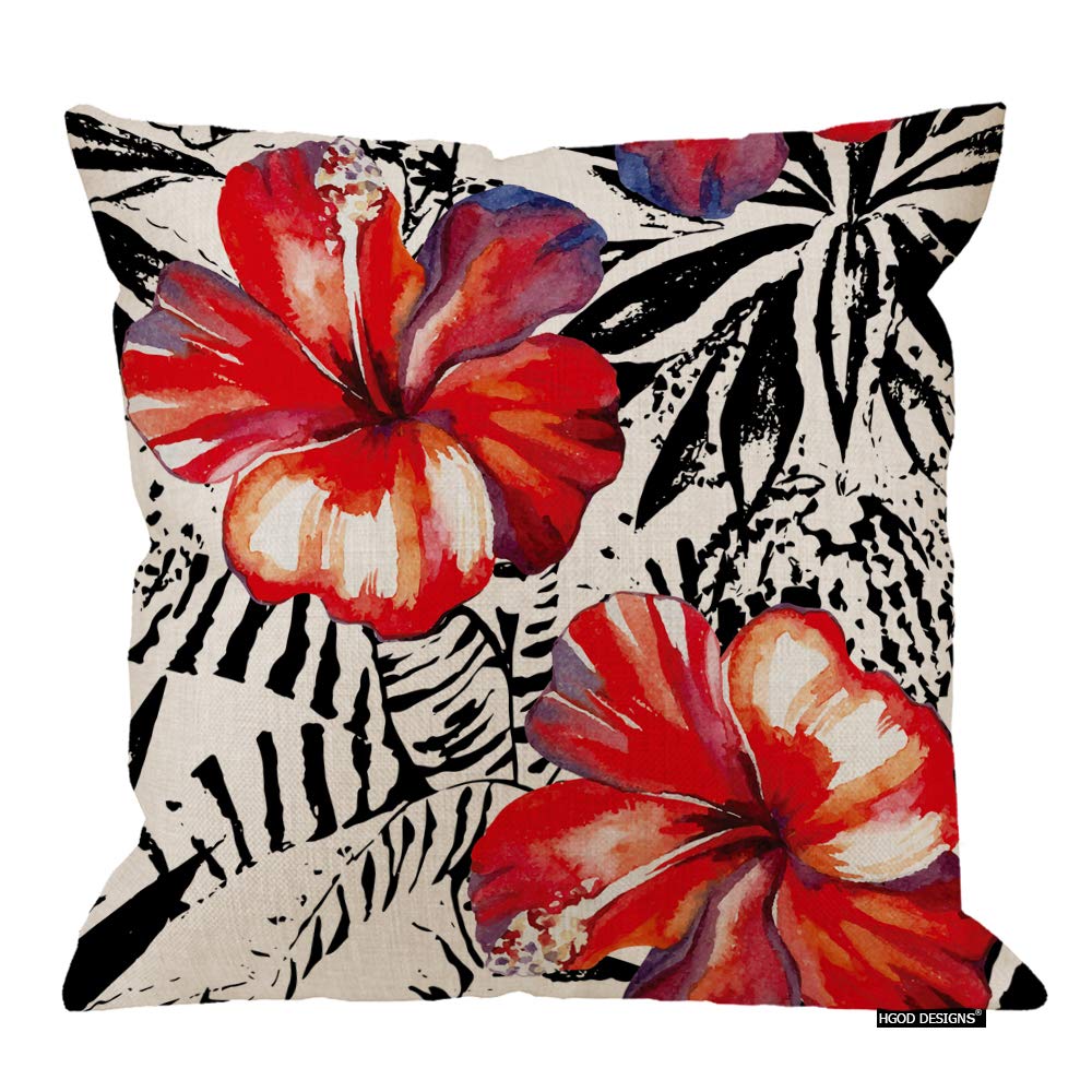 HGOD DESIGNS Tropical Hibiscus Flower Throw Pillow Cover - 16x16 Inch Red Floral Cushion with Black Leaves | Cotton Linen Blend | Decorative Sofa, Couch & Bedroom Accent | Perfect for Boho, Coastal & Tropical Home Decor