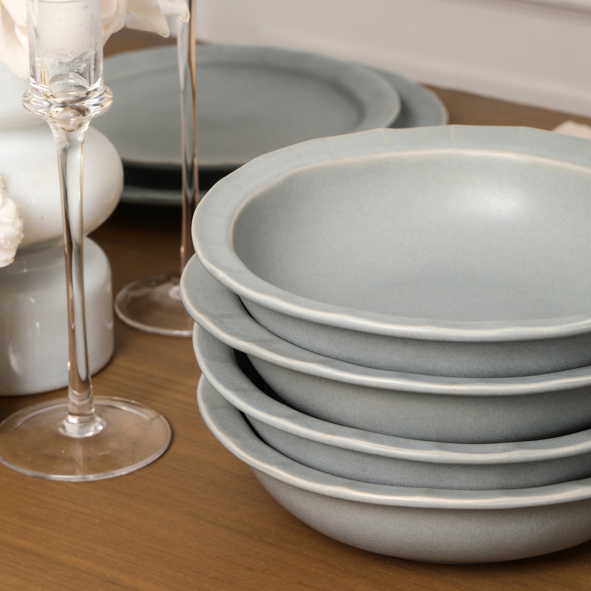 Oasis Stoneware Pasta Bowl Set - Gray Blue Ceramic Pasta Dishes for Italian Cuisine, Perfect for Serving Spaghetti, Fettuccine & Pasta Salad at Home Dinner Parties