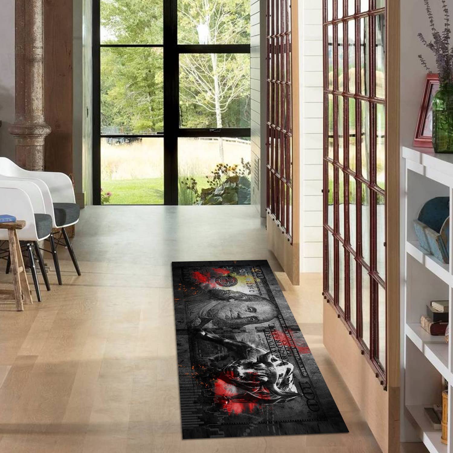GUBIYU 100 Dollar Bill Printed Area Rug - Non-Slip Money Design Runner (23.6x59 Inches) Gray Wall Street Bull Charging Bull Bath Mat for Living Room, Bedroom & Home Office - Perfect for Modern Home Decor, Dorm Room Style & Unique Gift Ideas
