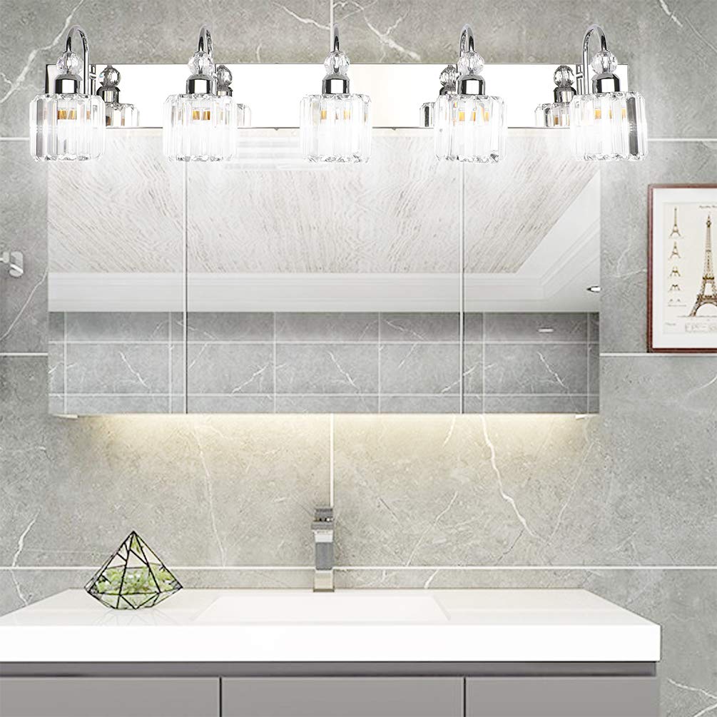 Modern LED Crystal Bathroom Vanity Lights - 5-Lights Stainless Steel for Mirror Lighting