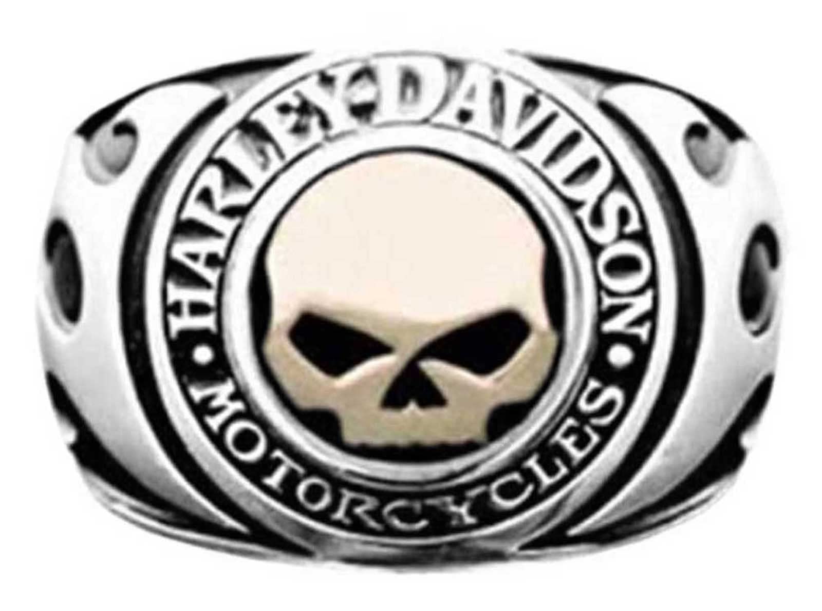 Harley-Davidson Men's Signet Ring with Flames & Willie G Skull Design - 14kt Gold Inlay HMR0019 - Perfect for Bikers, Motorcycle Enthusiasts & Gift Giving