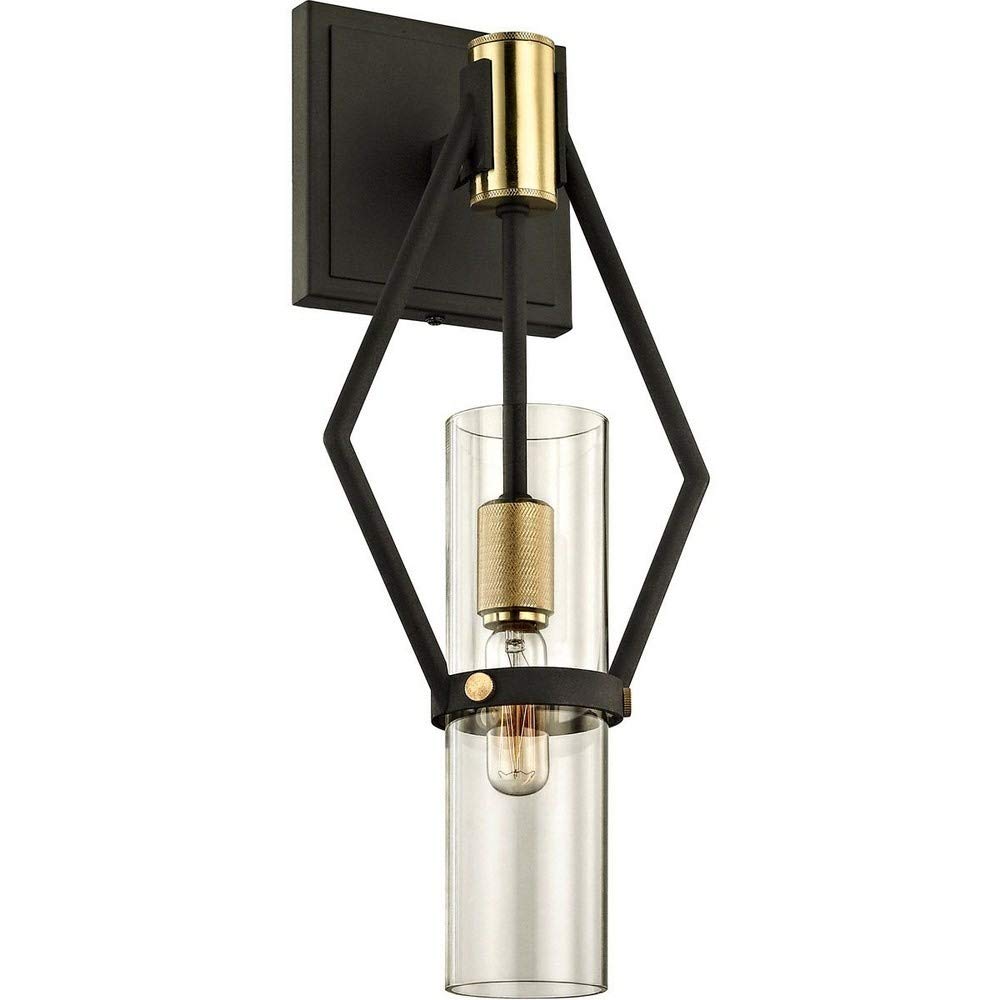 Troy Lighting B6311 Raef - 16 Inch Modern Wall Sconce Light Fixture, Textured Bronze & Brushed Brass Finish with Clear Glass Shade - Perfect for Bedroom, Hallway, and Living Room Wall Decor