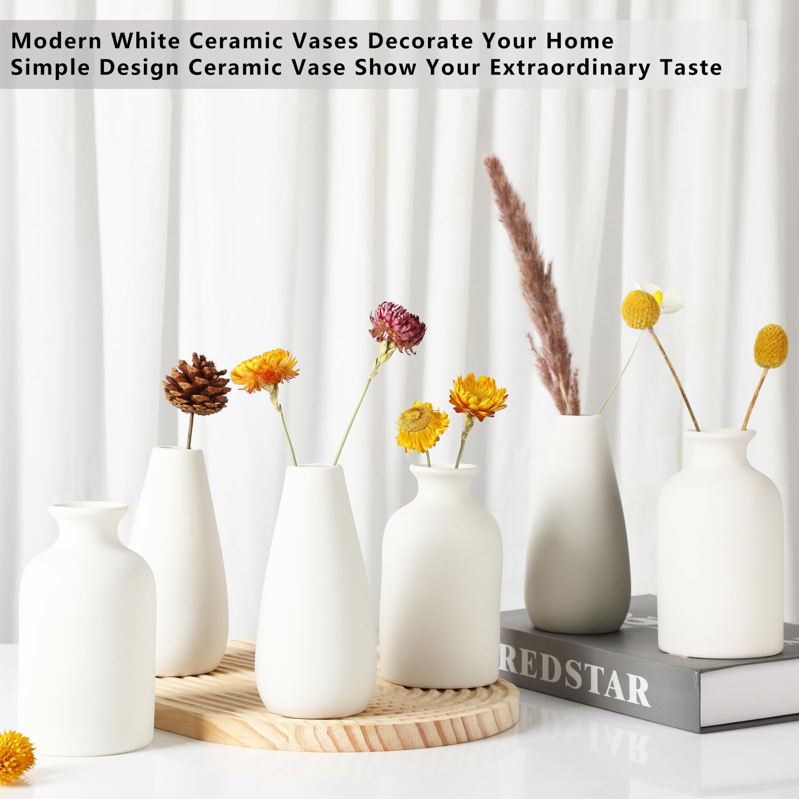 6-Piece White Ceramic Vase Set - 5.6 Inch Boho Home Decor Vases for Centerpieces, Pampas Grass & Dried Flowers - Perfect for Dining Table, Wedding, Living Room & Farmhouse Decor