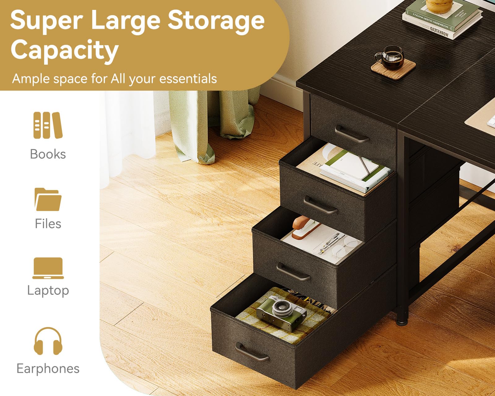 48 Inch Modern Computer Desk with 8 Fabric Drawers - Large Storage Office Desk for Home Office, Study & Gaming - Black | Perfect for Small Spaces & Work from Home Setup