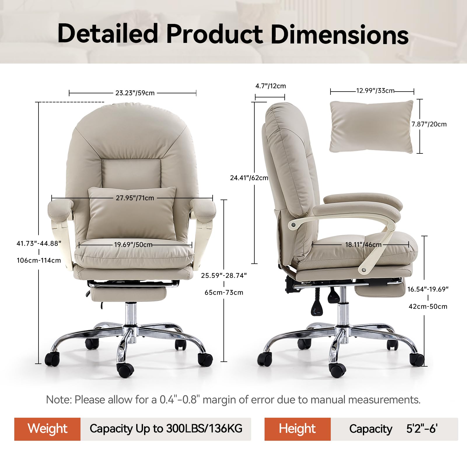 EMIAH Ergonomic Office Chair with Adjustable Footrest, Reclining Back & Lumbar Support - PU Leather Swivel Computer Chair with Wheels for Home & Executive Office - Perfect for Long Work Hours & Gaming Sessions (Beige)