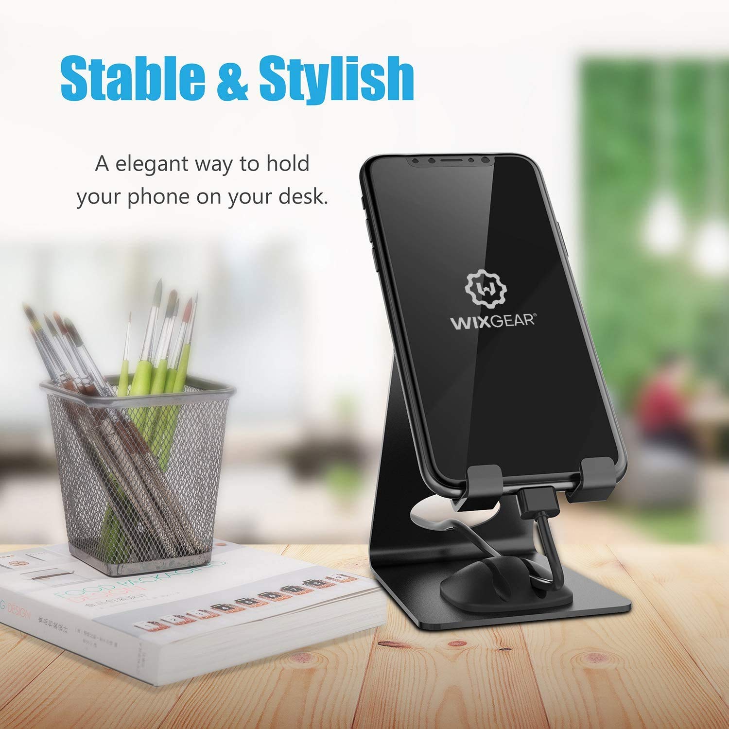 Premium WixGear Phone Stand - Universal Metal Phone Holder for iPhone, Android & Mini Tablets - Sturdy Desk Stand with Cord Management - Perfect for Work, Home Office & Video Calls