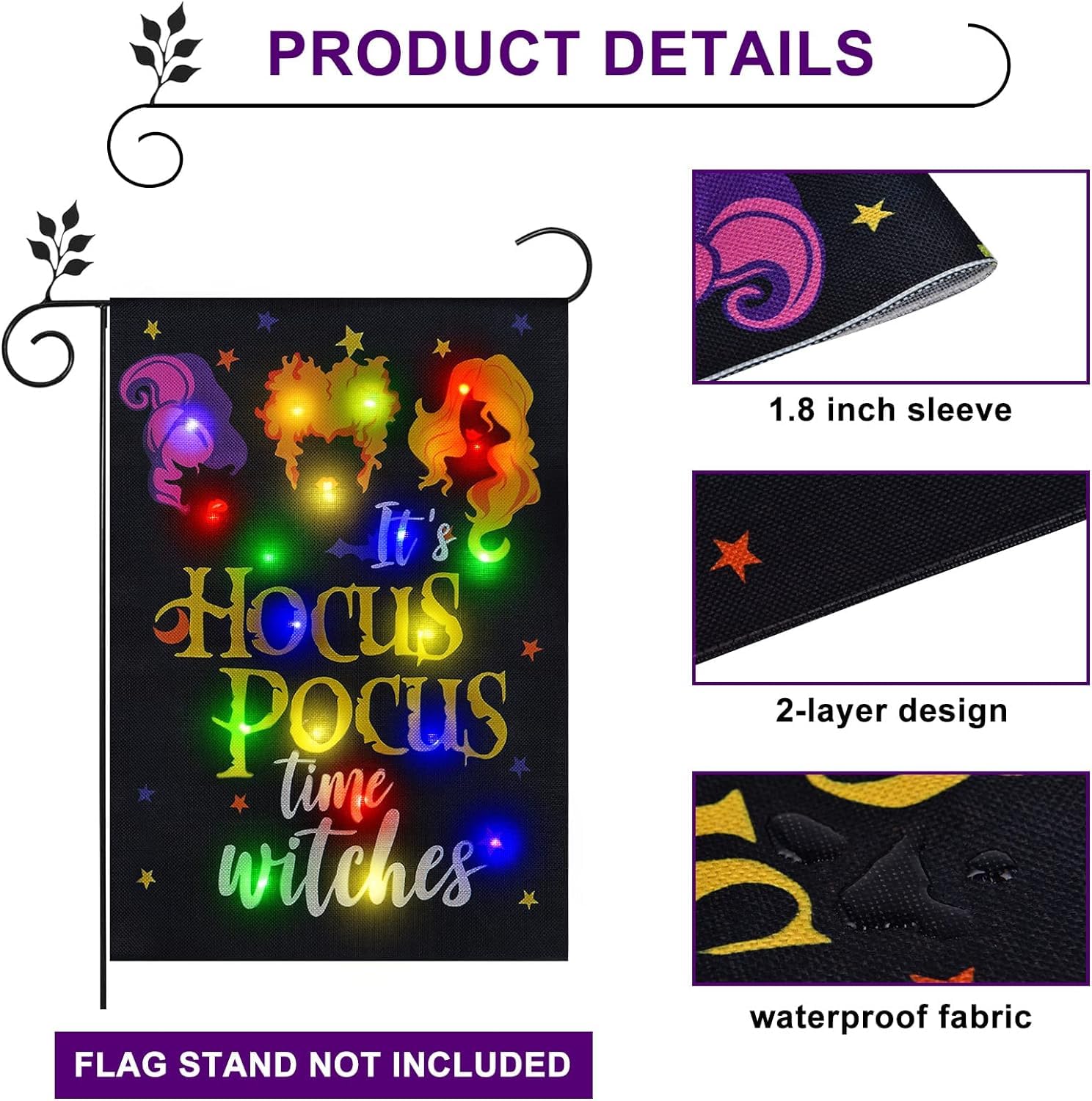 FLAGMESAG Solar-Powered Halloween Garden Flag - Hocus Pocus Witches Design for Outdoor Decor (12
